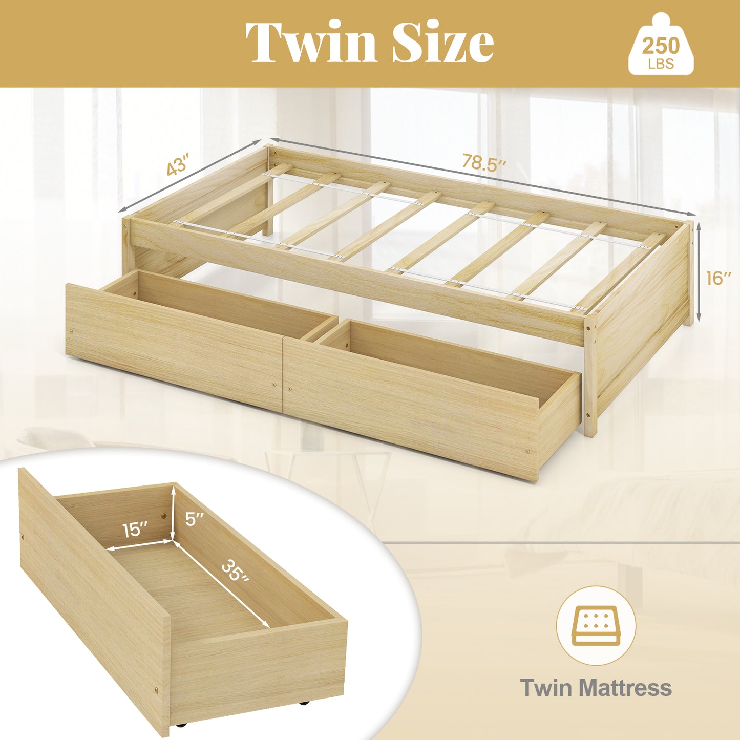 Wooden Twin Captain Bed with Storage Drawers and Slatted Support, Natural Finish