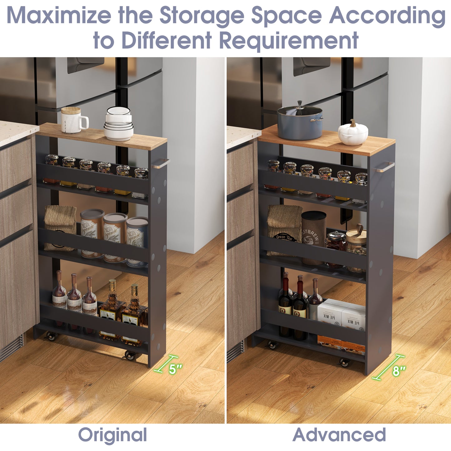 Slim Rolling Storage Cart with 4 Shelves and Handle, Narrow Organizer on Wheels - Grey