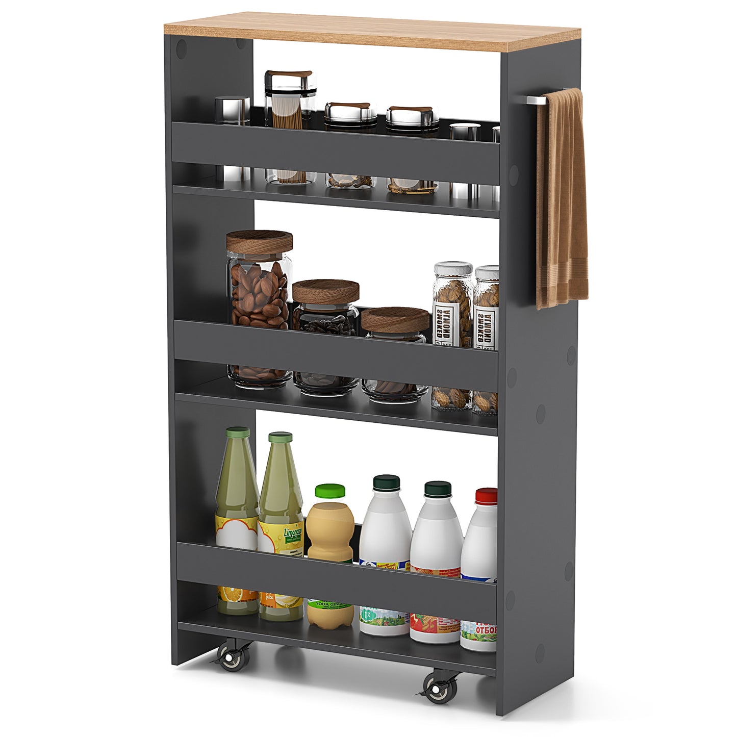Slim Rolling Storage Cart with 4 Shelves and Handle, Narrow Organizer on Wheels - Grey