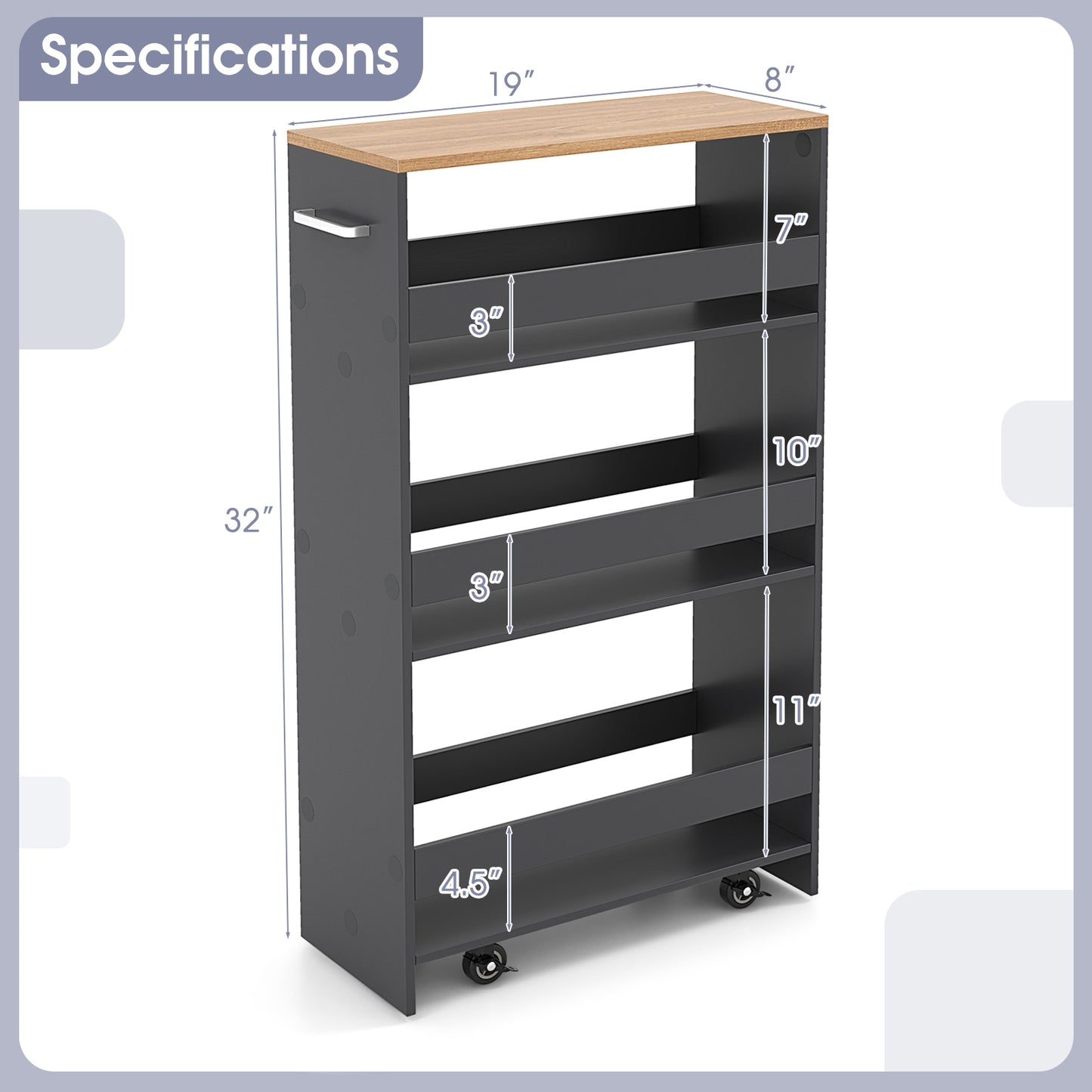 Slim Rolling Storage Cart with 4 Shelves and Handle, Narrow Organizer on Wheels - Grey