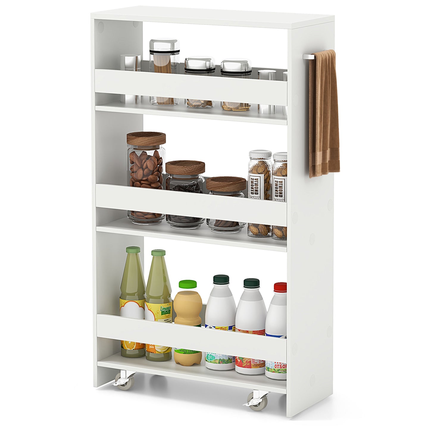 Slim Rolling Storage Cart with 4 Shelves and Handle, Narrow Organizer on Wheels - White