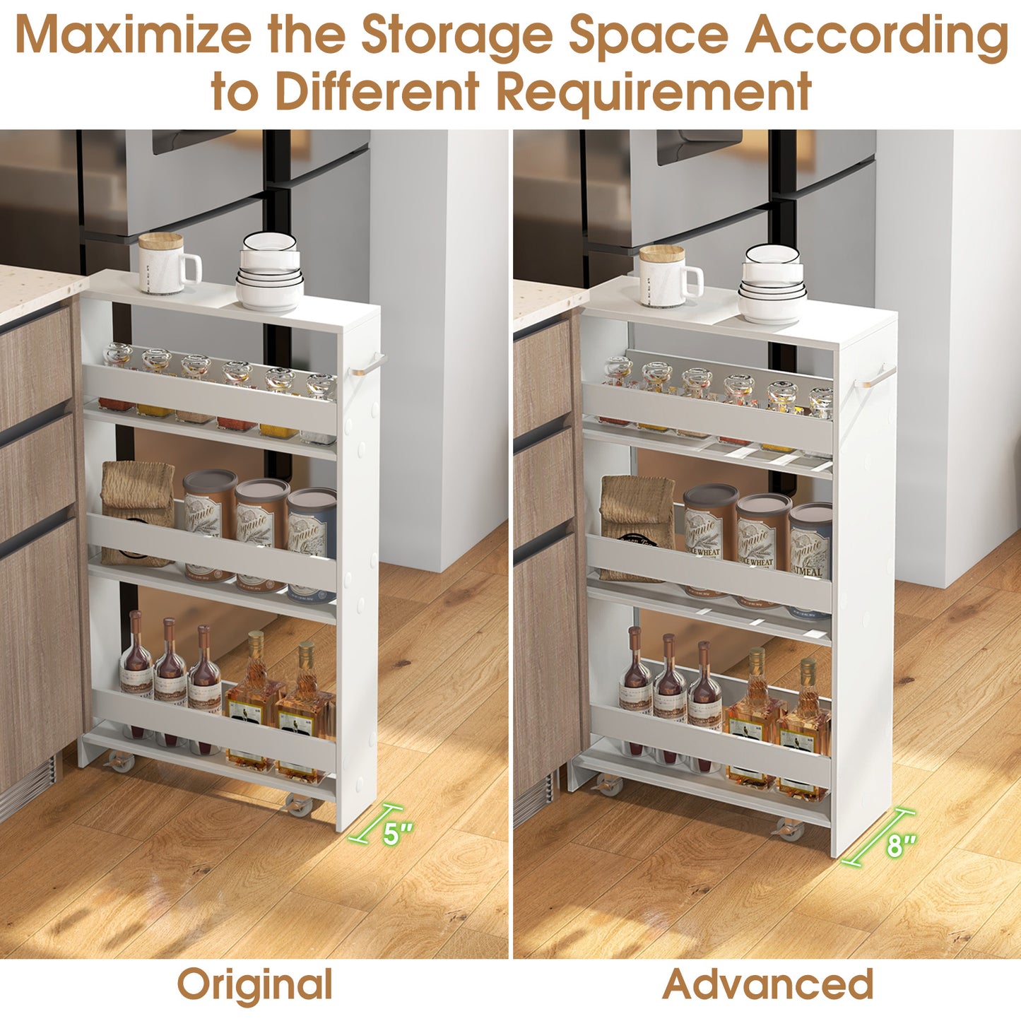 Slim Rolling Storage Cart with 4 Shelves and Handle, Narrow Organizer on Wheels - White