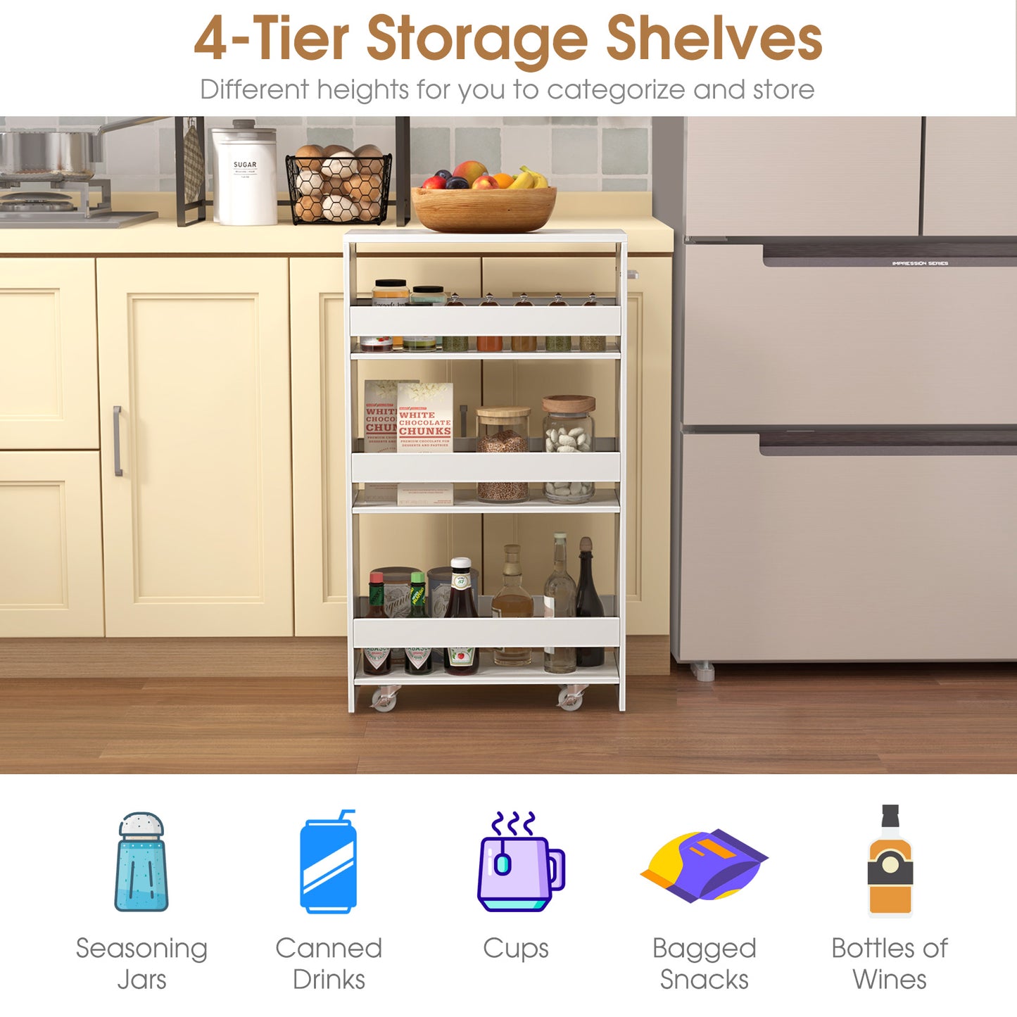 Slim Rolling Storage Cart with 4 Shelves and Handle, Narrow Organizer on Wheels - White