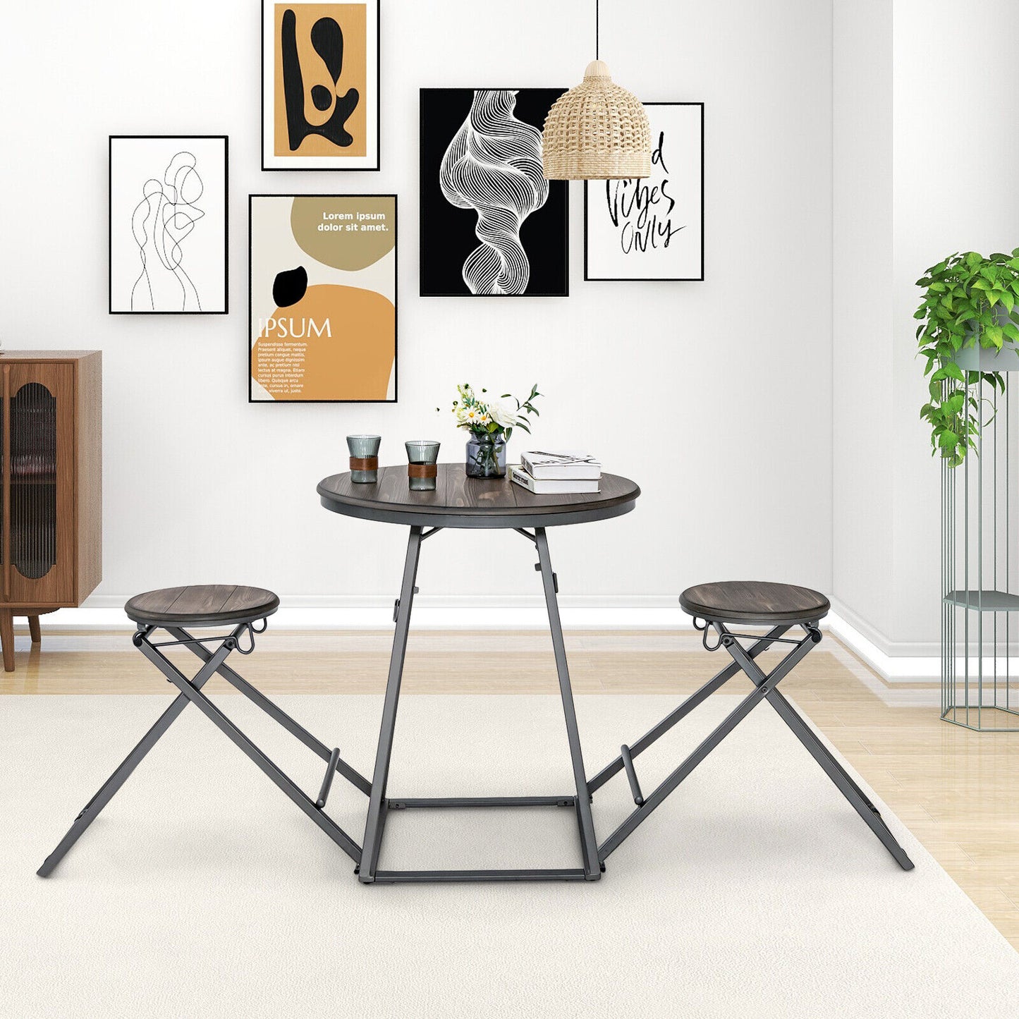 3 Piece Dining Set with Foldable Stools and Round Table Ideal for Small Spaces and Apartments