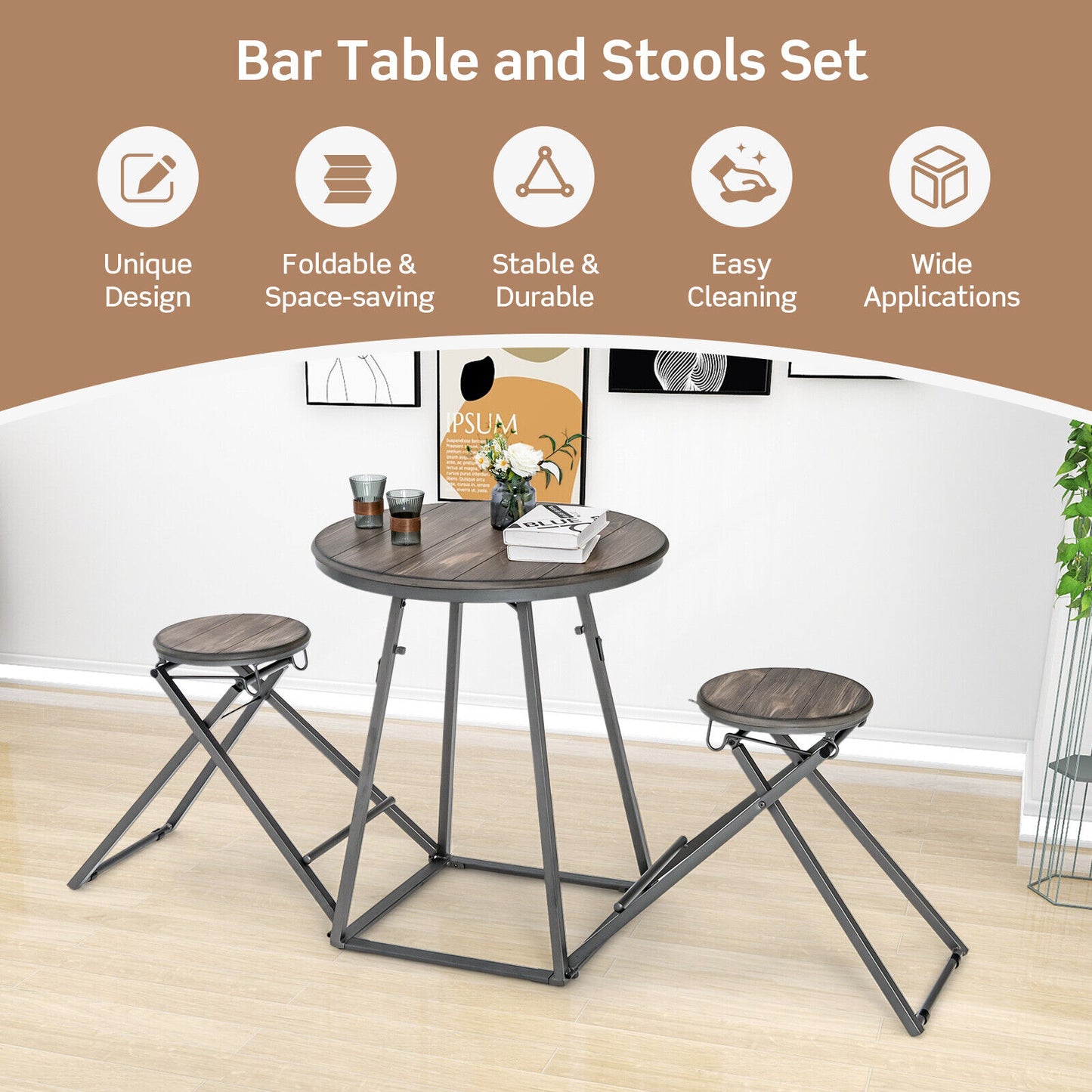 3 Piece Dining Set with Foldable Stools and Round Table Ideal for Small Spaces and Apartments