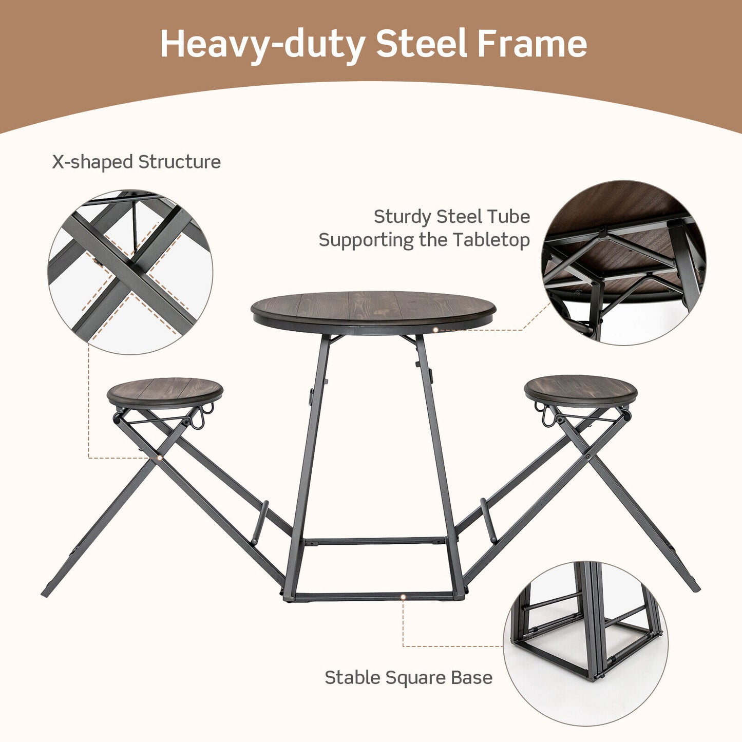 3 Piece Dining Set with Foldable Stools and Round Table Ideal for Small Spaces and Apartments