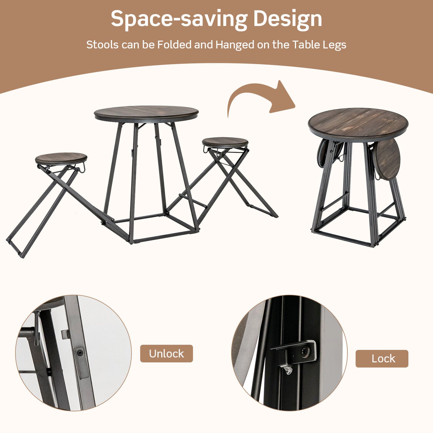 3 Piece Dining Set with Foldable Stools and Round Table Ideal for Small Spaces and Apartments