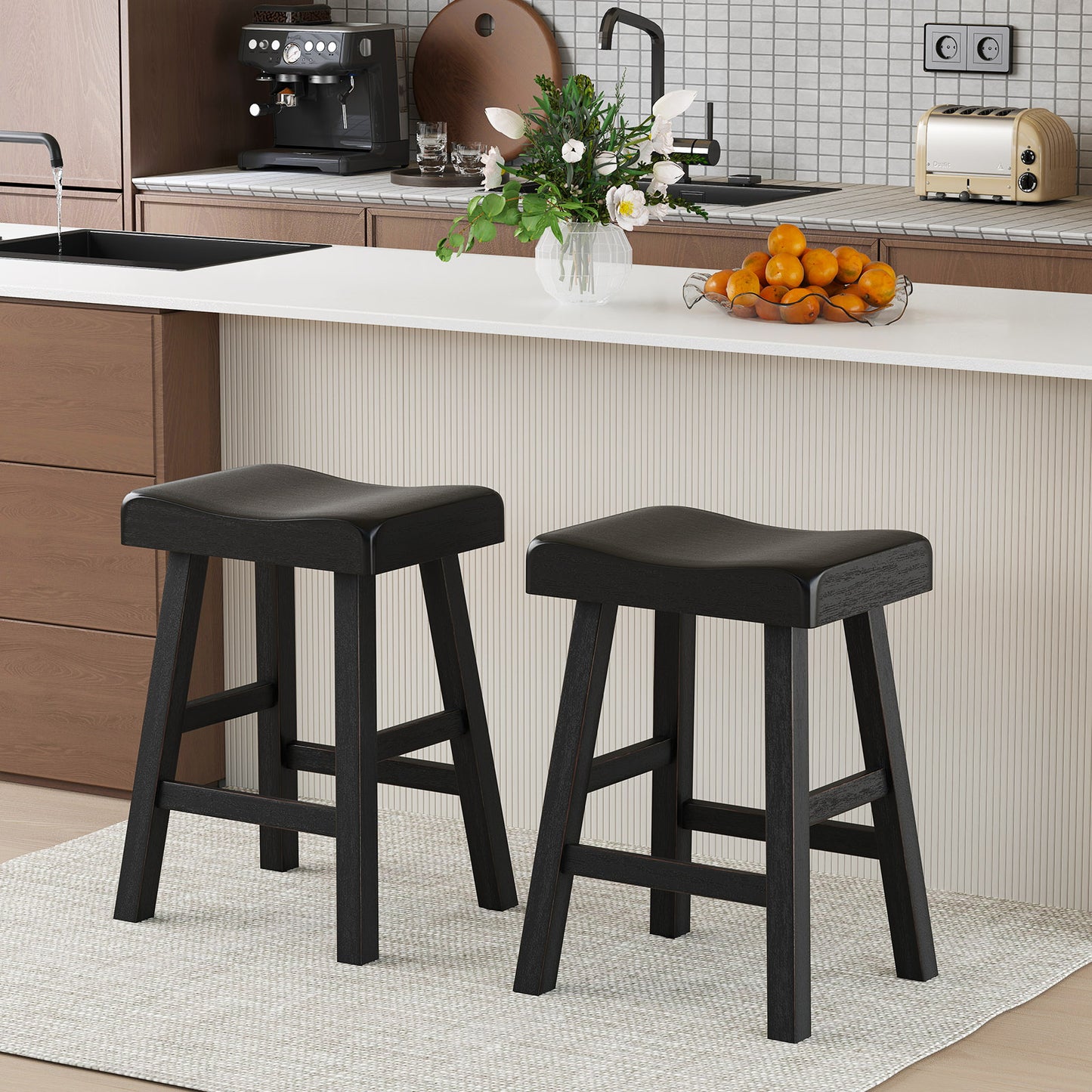 2-Piece 24 Inch Counter Height Saddle Stools with Footrest for Kitchen Cafe or Pub