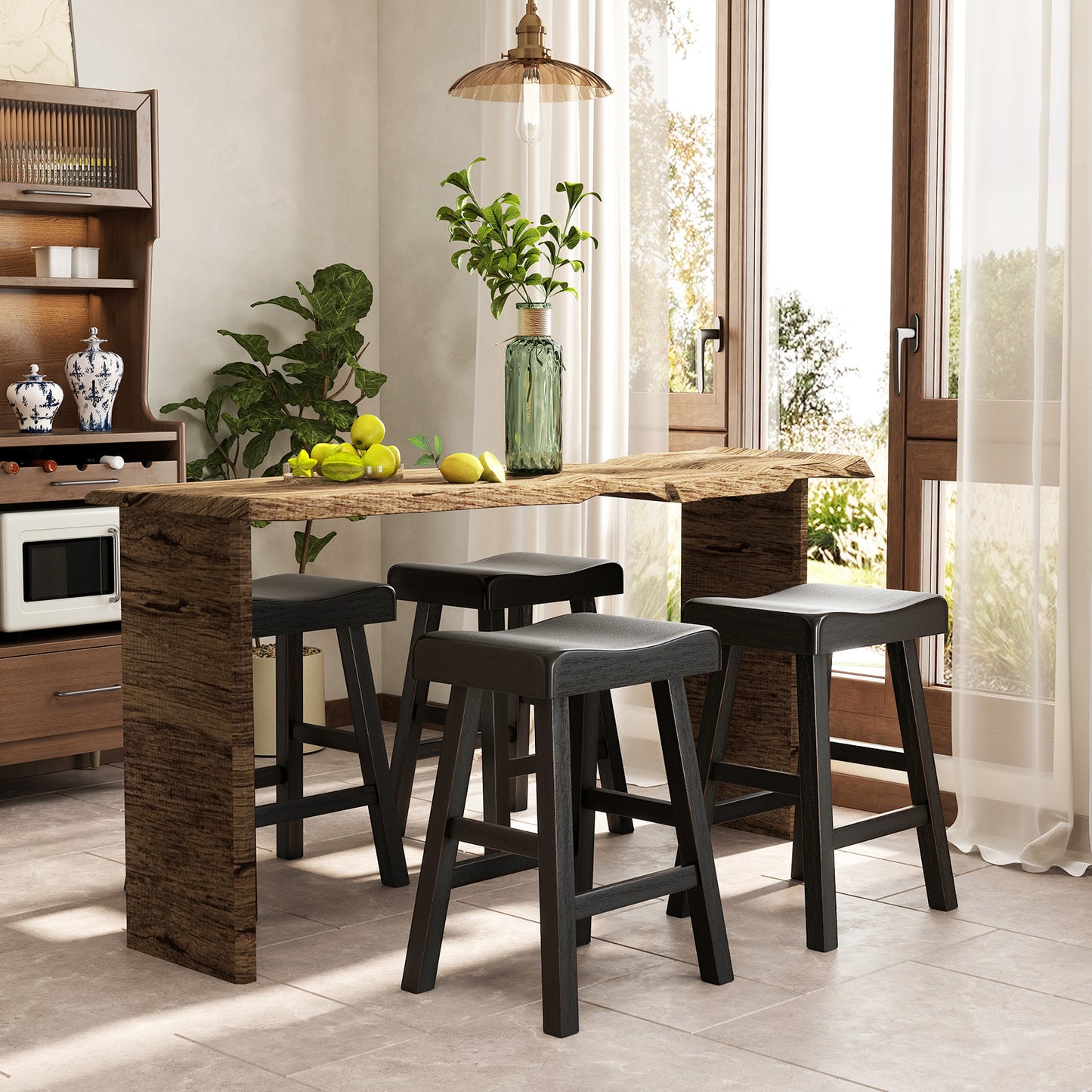 2-Piece 24 Inch Counter Height Saddle Stools with Footrest for Kitchen Cafe or Pub