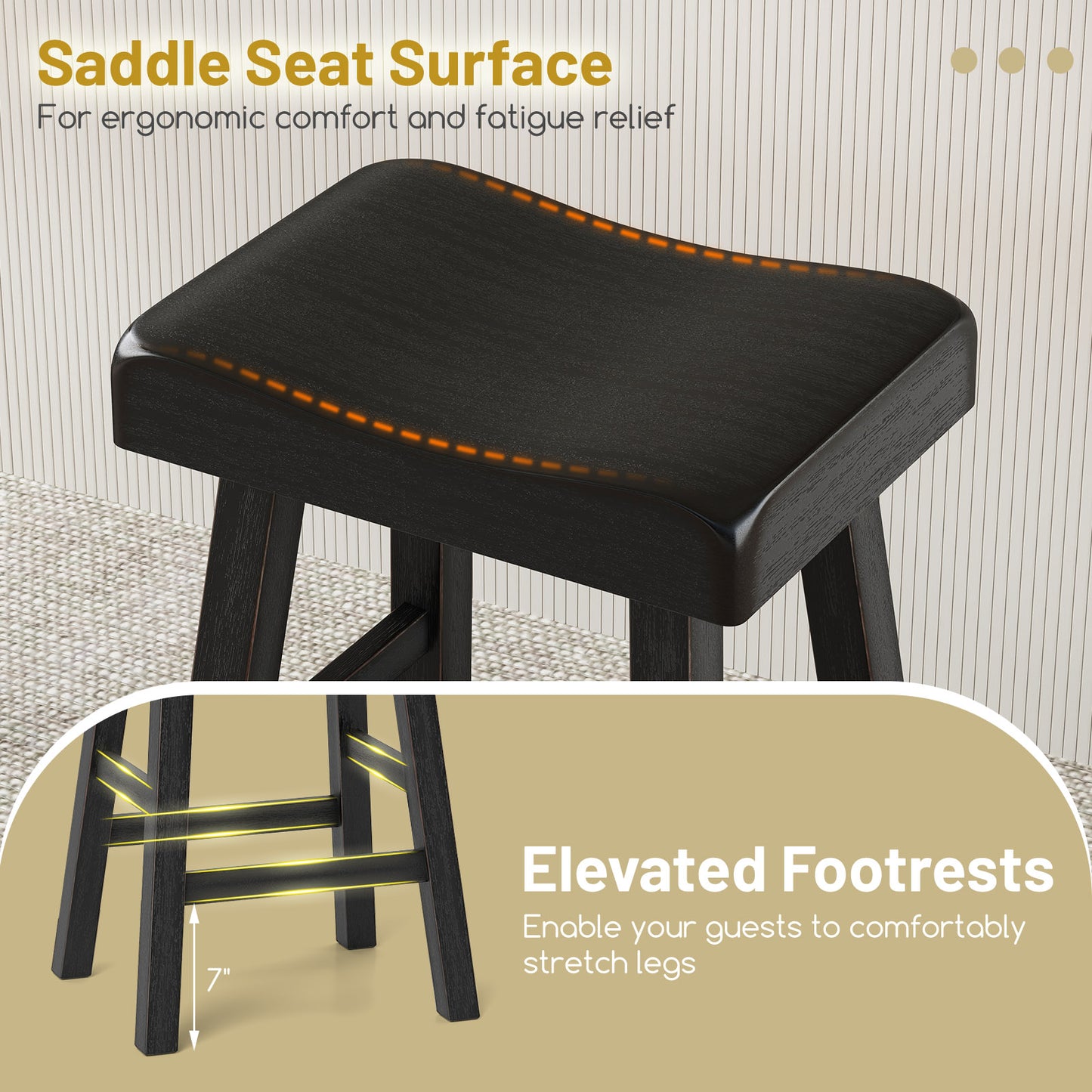 2-Piece 24 Inch Counter Height Saddle Stools with Footrest for Kitchen Cafe or Pub