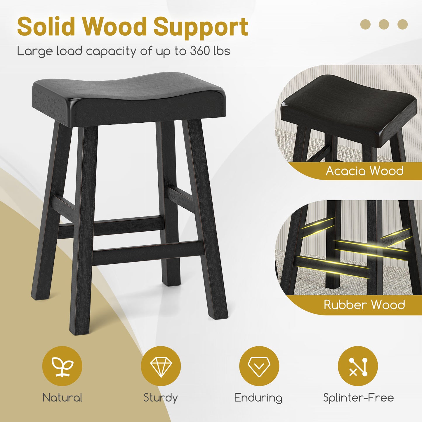 2-Piece 24 Inch Counter Height Saddle Stools with Footrest for Kitchen Cafe or Pub