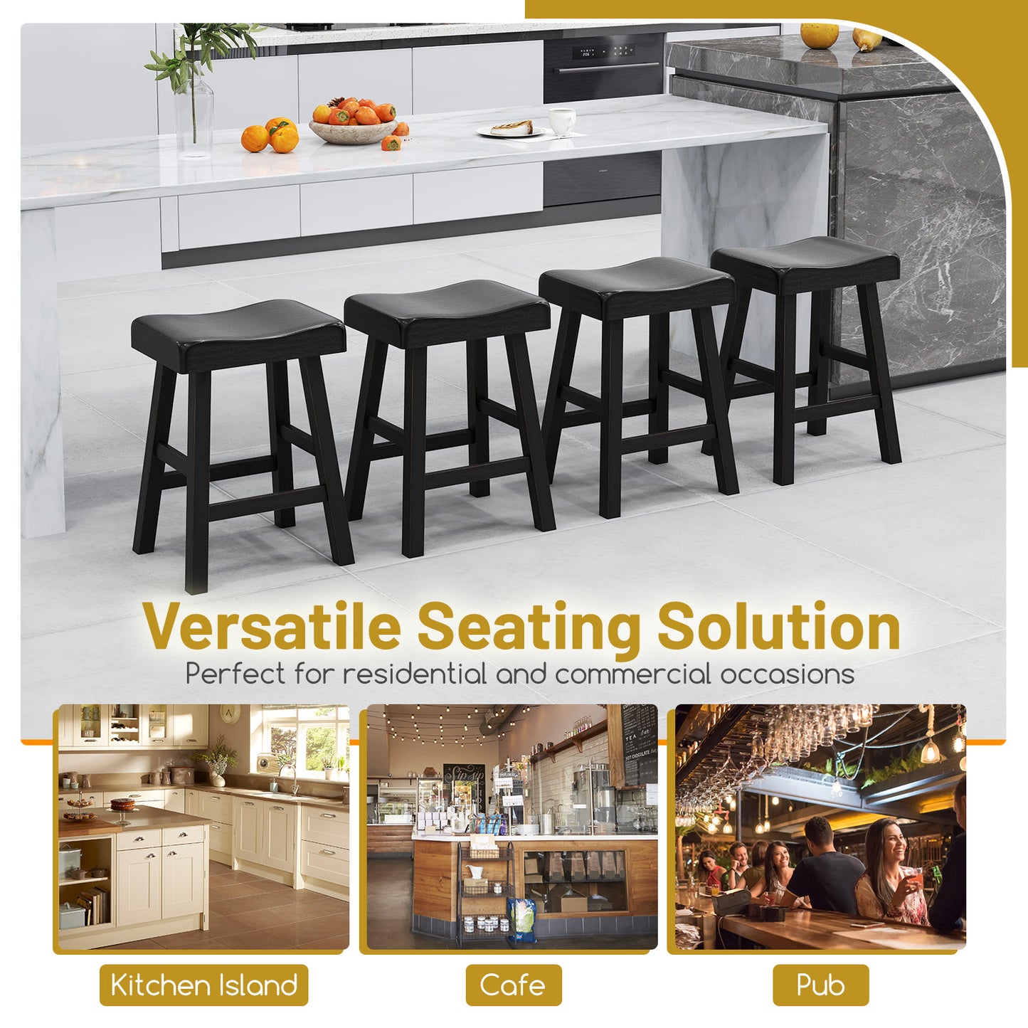 2-Piece 24 Inch Counter Height Saddle Stools with Footrest for Kitchen Cafe or Pub
