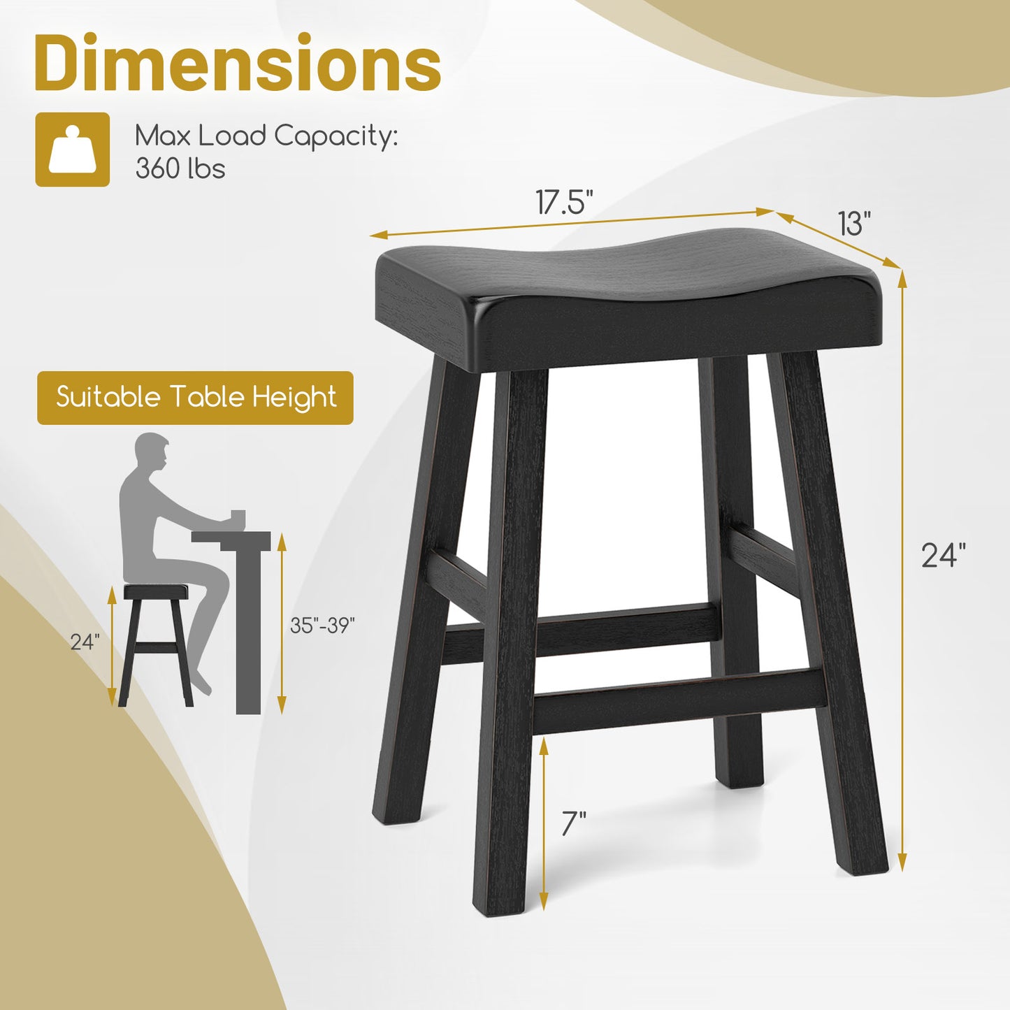 2-Piece 24 Inch Counter Height Saddle Stools with Footrest for Kitchen Cafe or Pub