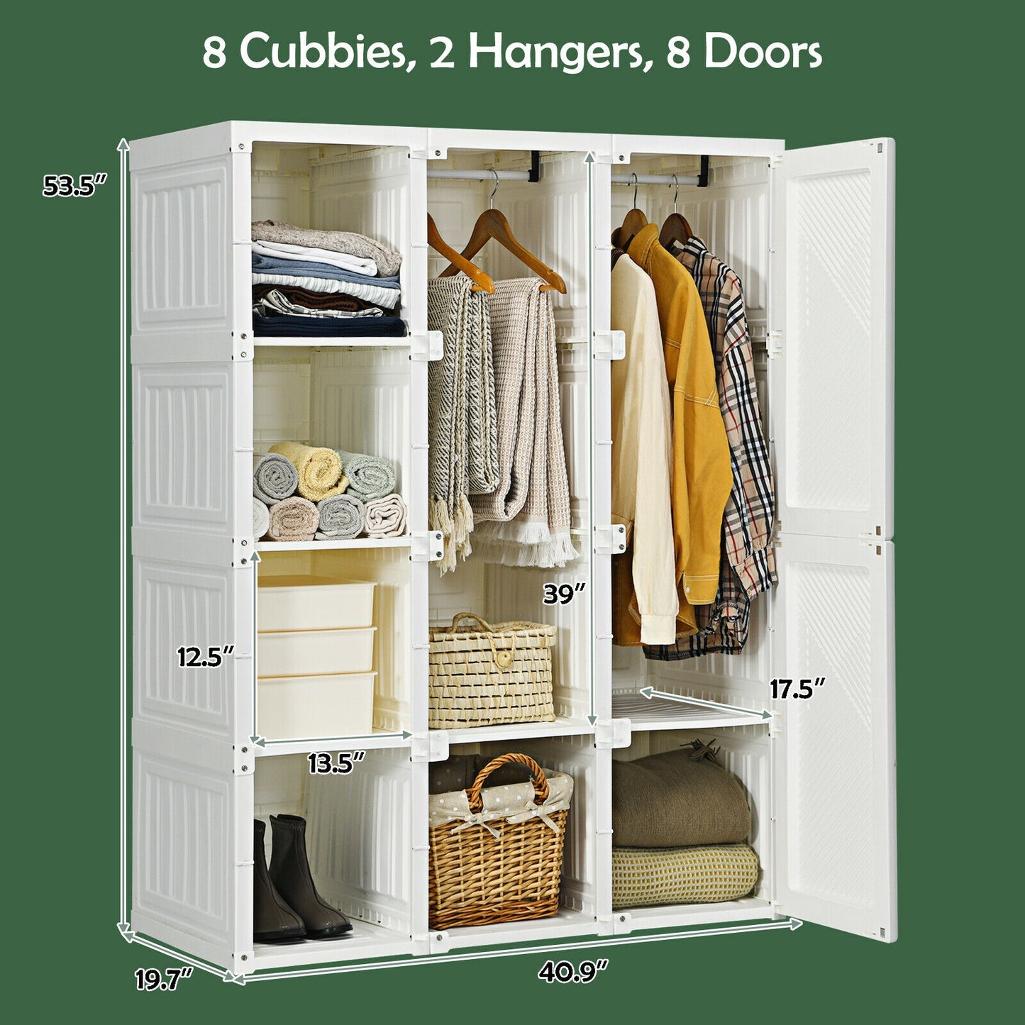 Foldable Closet Organizer with Hanging Rod and 8 Cubby Storage for Clothes and Bedding