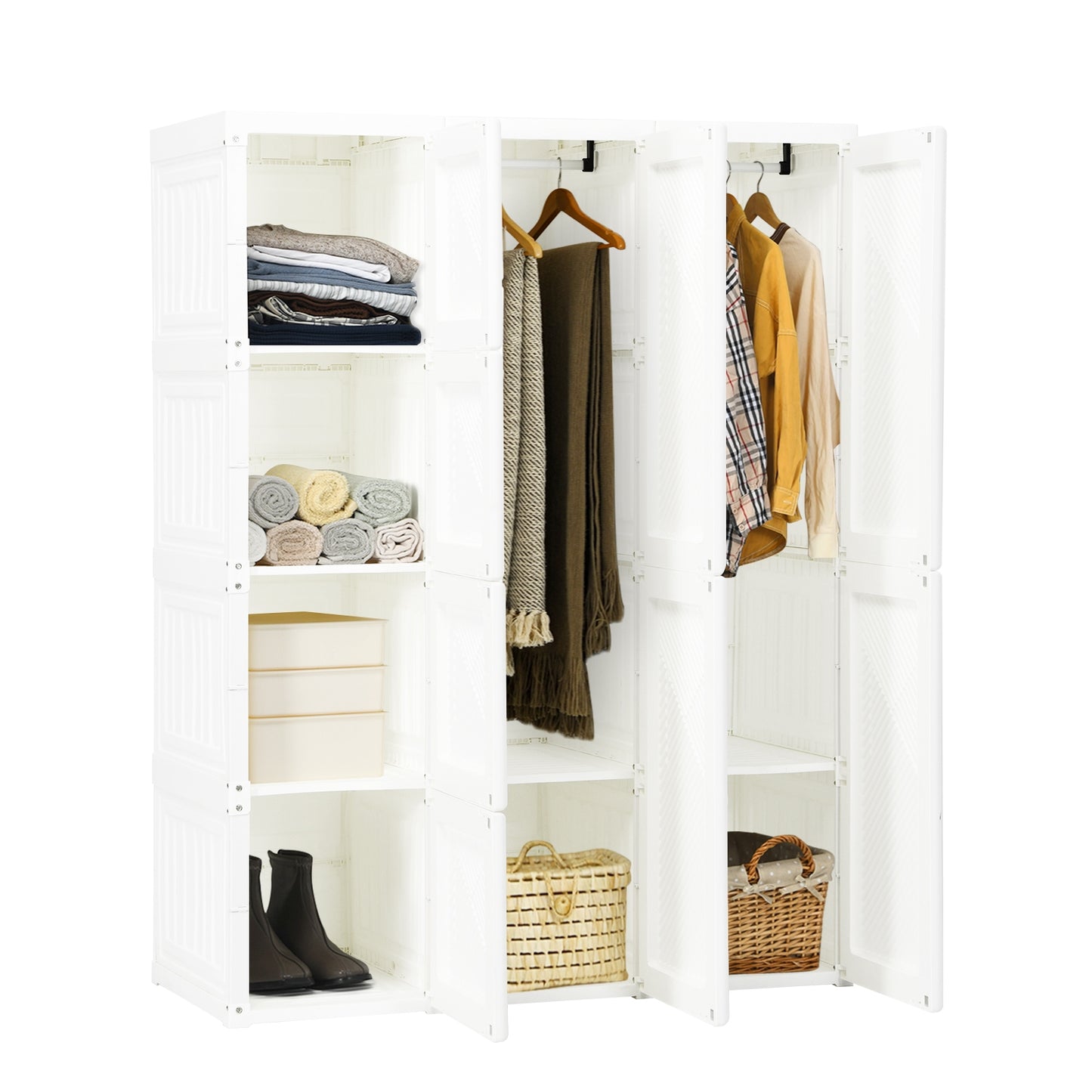 Foldable Closet Organizer with Hanging Rod and 8 Cubby Storage for Clothes and Bedding