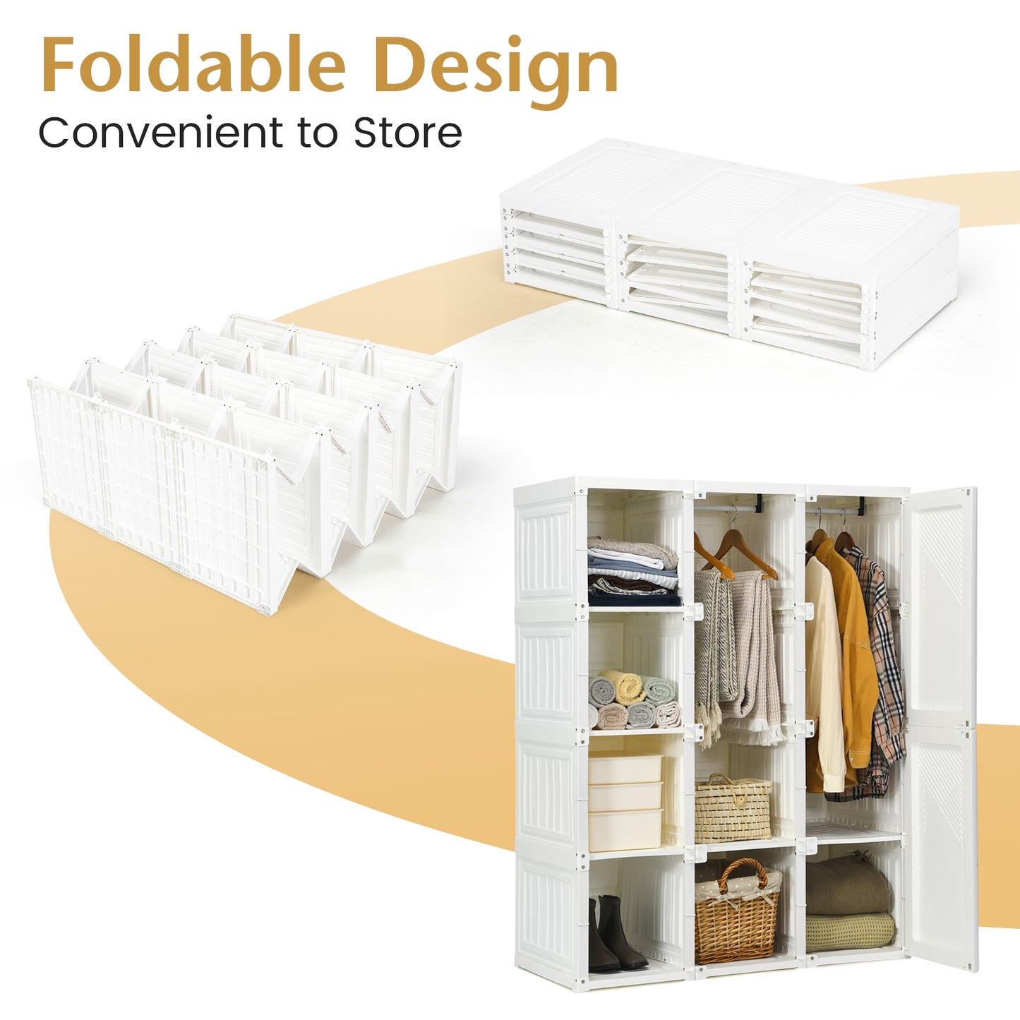 Foldable Closet Organizer with Hanging Rod and 8 Cubby Storage for Clothes and Bedding