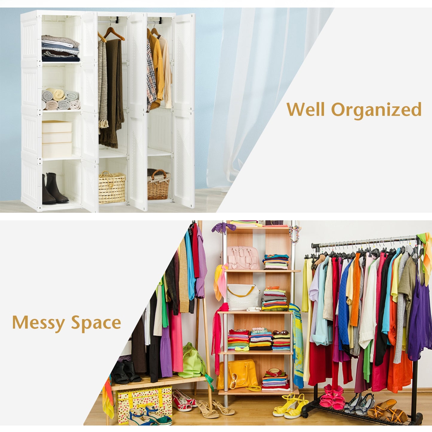 Foldable Closet Organizer with Hanging Rod and 8 Cubby Storage for Clothes and Bedding
