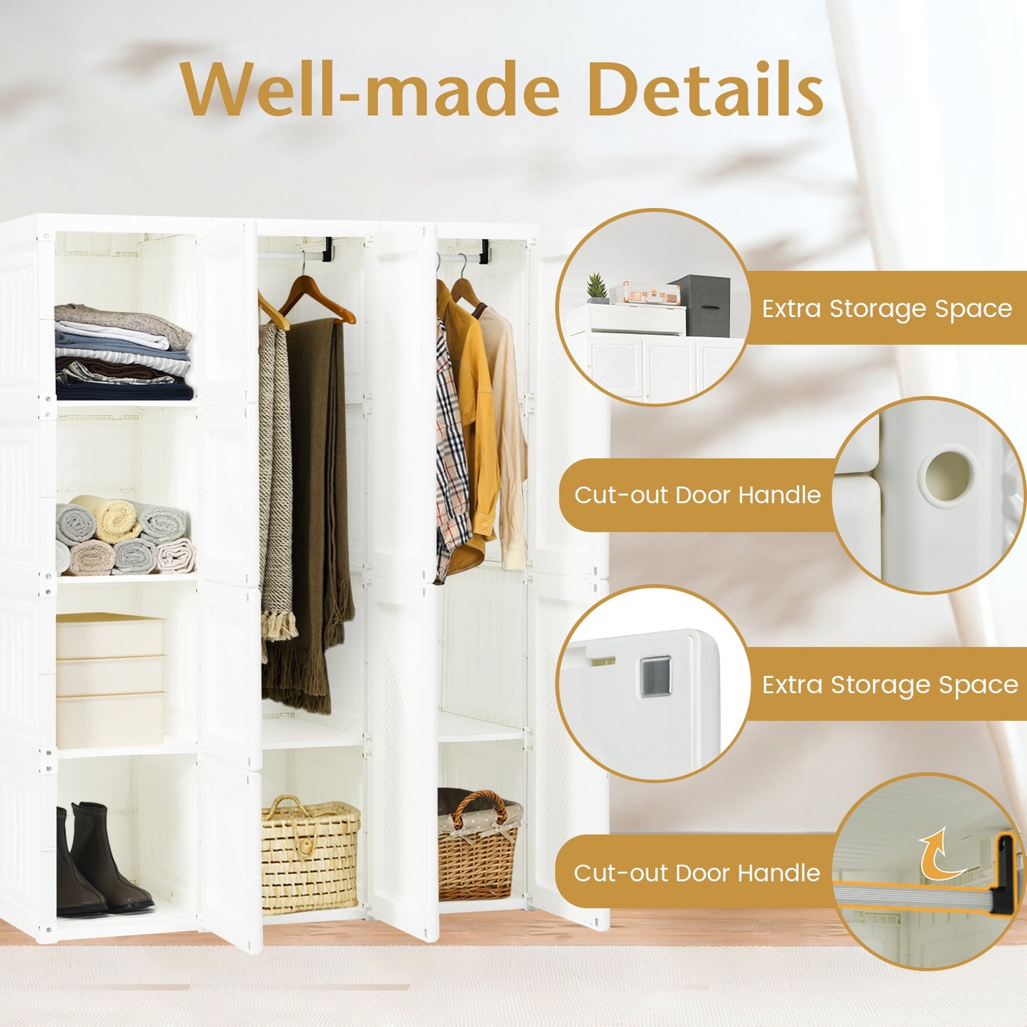 Foldable Closet Organizer with Hanging Rod and 8 Cubby Storage for Clothes and Bedding