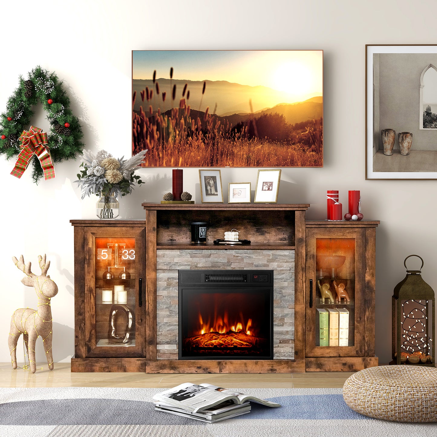 TV Cabinet with Electric Fireplace and Remote-Controlled LED Lights for TVs up to 65 Inches - Brown