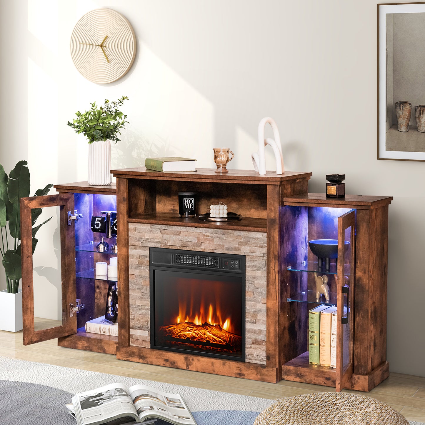 TV Cabinet with Electric Fireplace and Remote-Controlled LED Lights for TVs up to 65 Inches - Brown