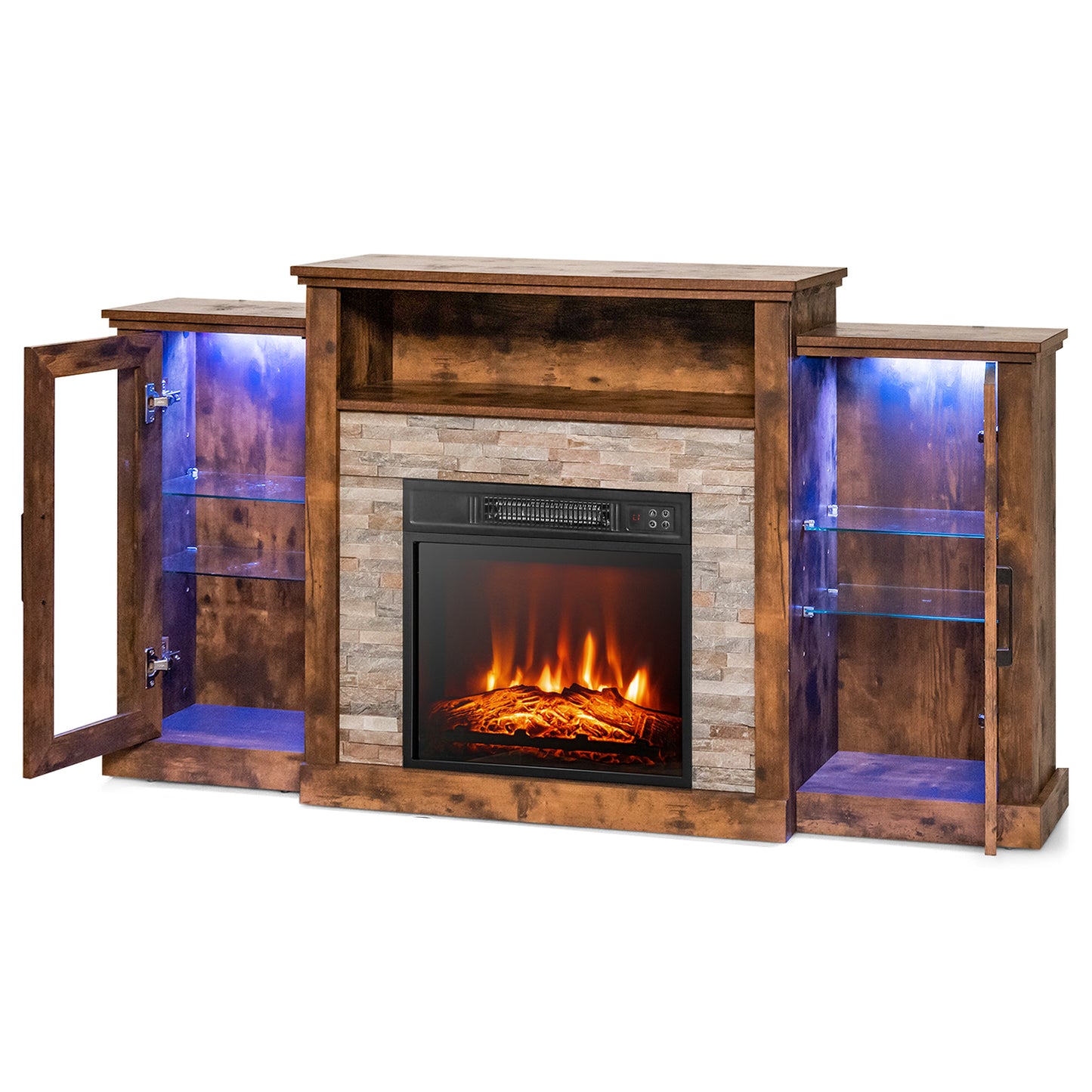 TV Cabinet with Electric Fireplace and Remote-Controlled LED Lights for TVs up to 65 Inches - Brown