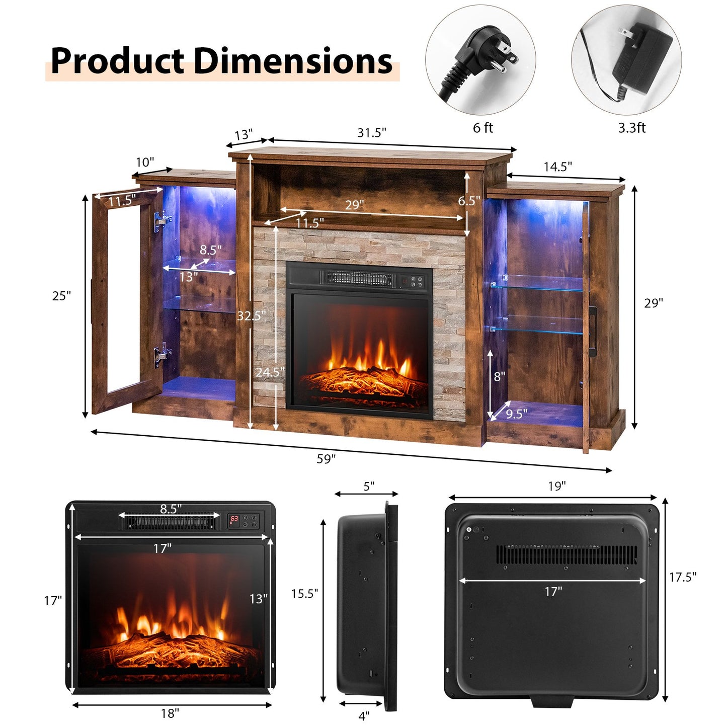 TV Cabinet with Electric Fireplace and Remote-Controlled LED Lights for TVs up to 65 Inches - Brown