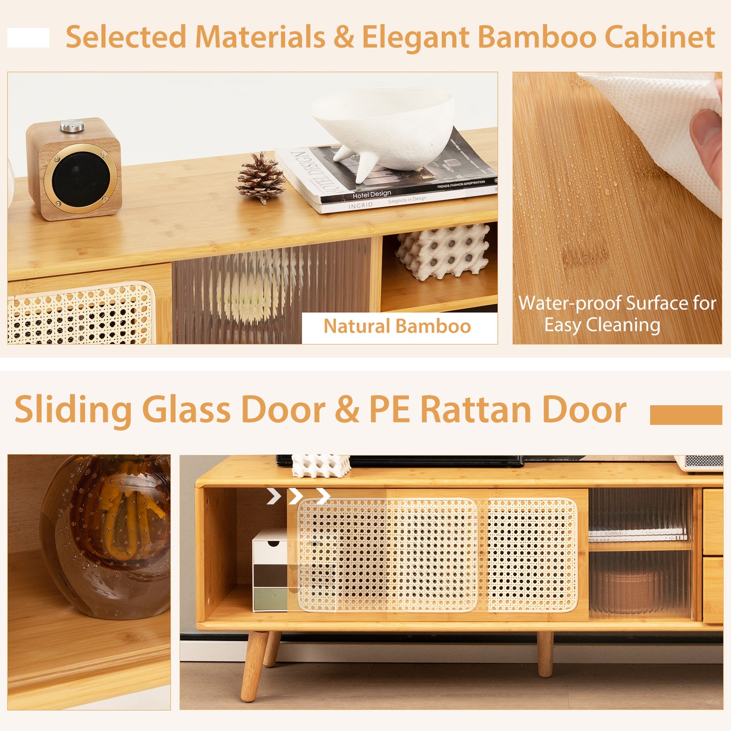 Bamboo TV Stand with Rattan and Glass Doors for TVs up to 65 Inches - Natural