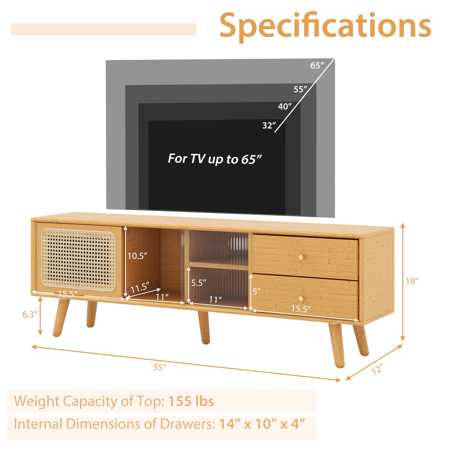 Bamboo TV Stand with Rattan and Glass Doors for TVs up to 65 Inches - Brown