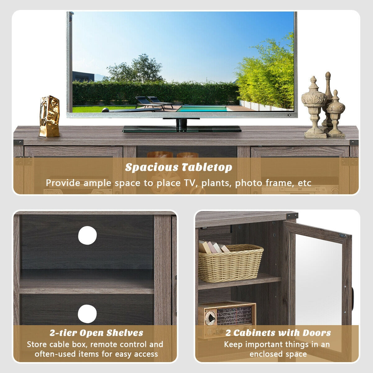 Wooden TV Console with Open Storage and Cable Management for TVs up to 65 Inches - Grey