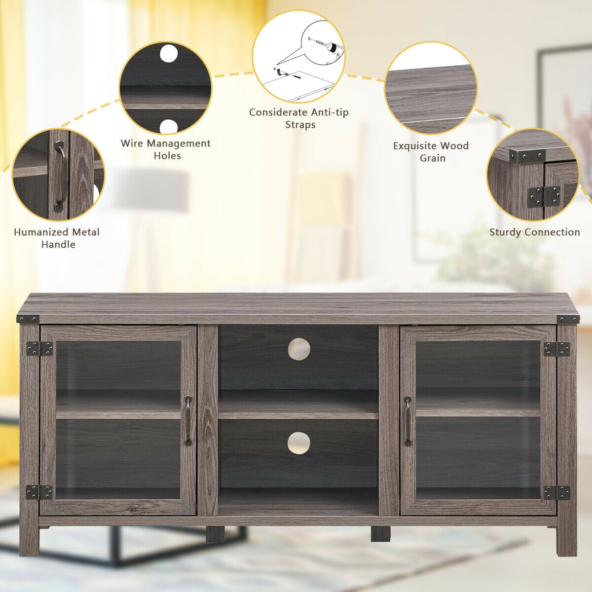 Wooden TV Console with Open Storage and Cable Management for TVs up to 65 Inches - Grey