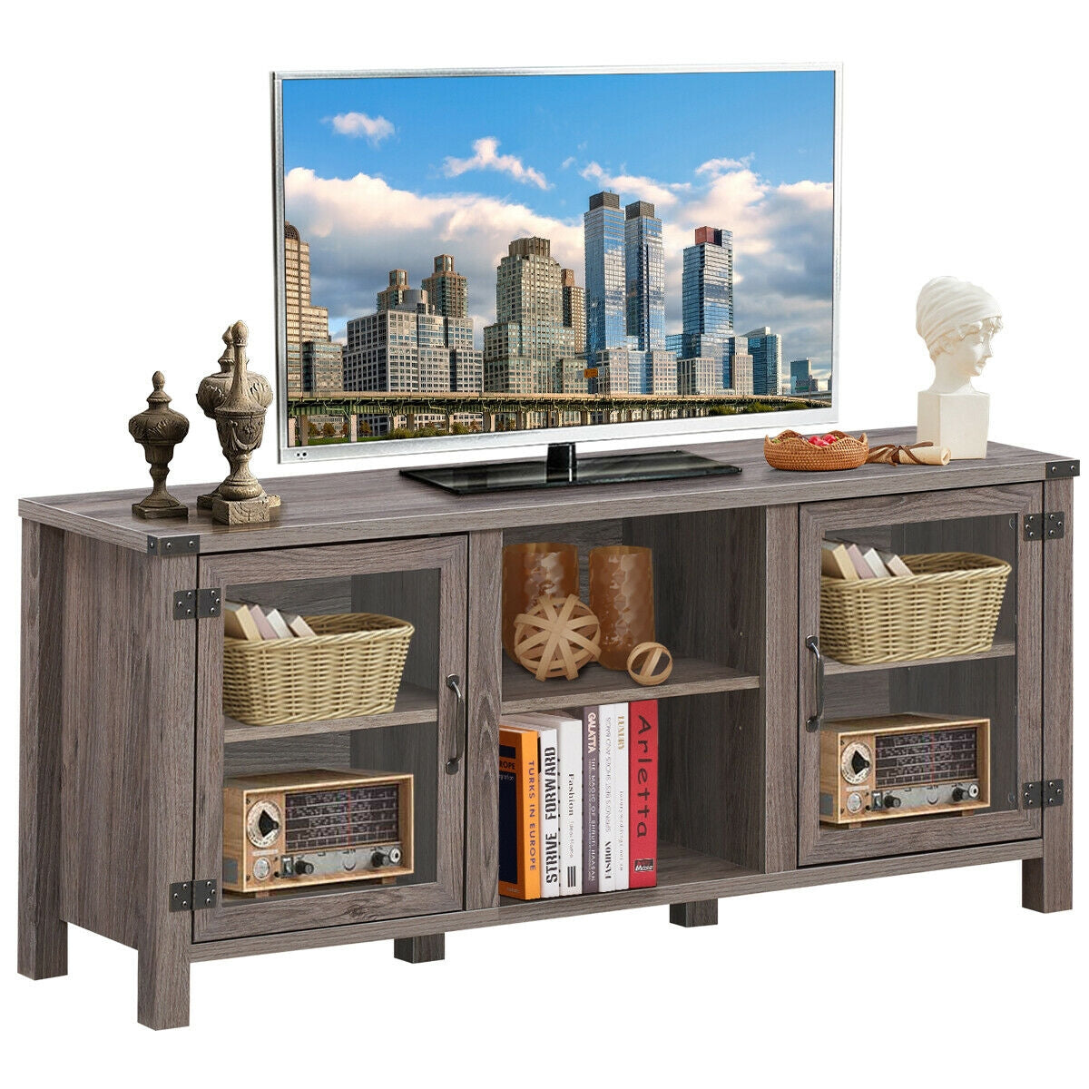Wooden TV Console with Open Storage and Cable Management for TVs up to 65 Inches - Grey