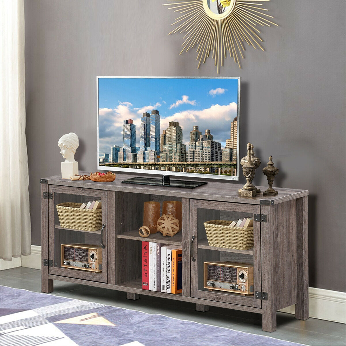 Wooden TV Console with Open Storage and Cable Management for TVs up to 65 Inches - Grey