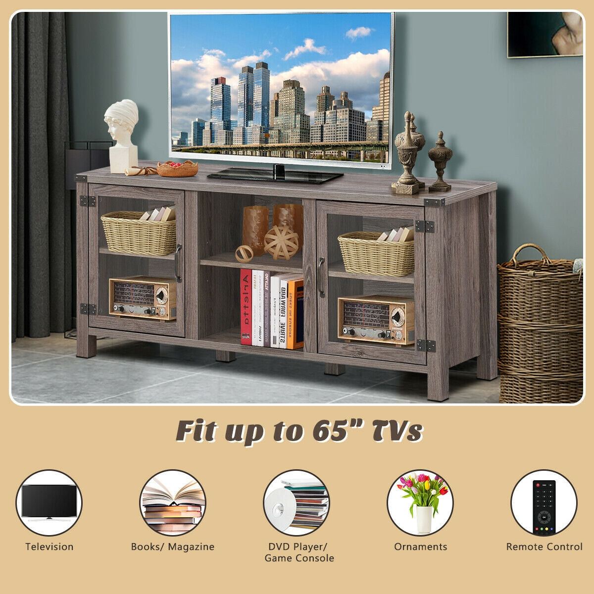 Wooden TV Console with Open Storage and Cable Management for TVs up to 65 Inches - Grey