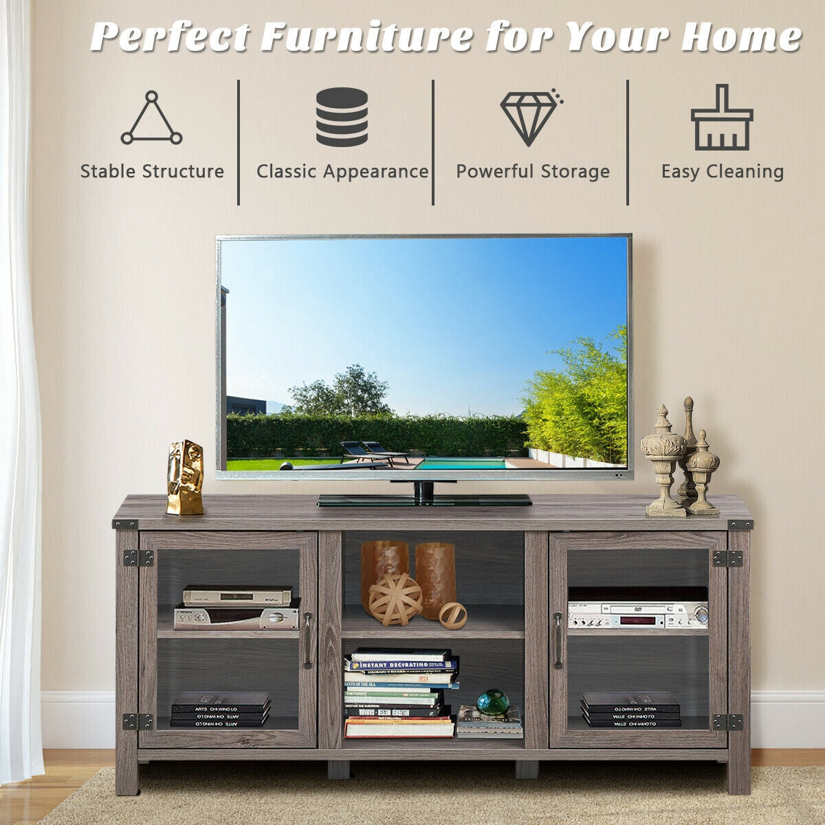 Wooden TV Console with Open Storage and Cable Management for TVs up to 65 Inches - Grey