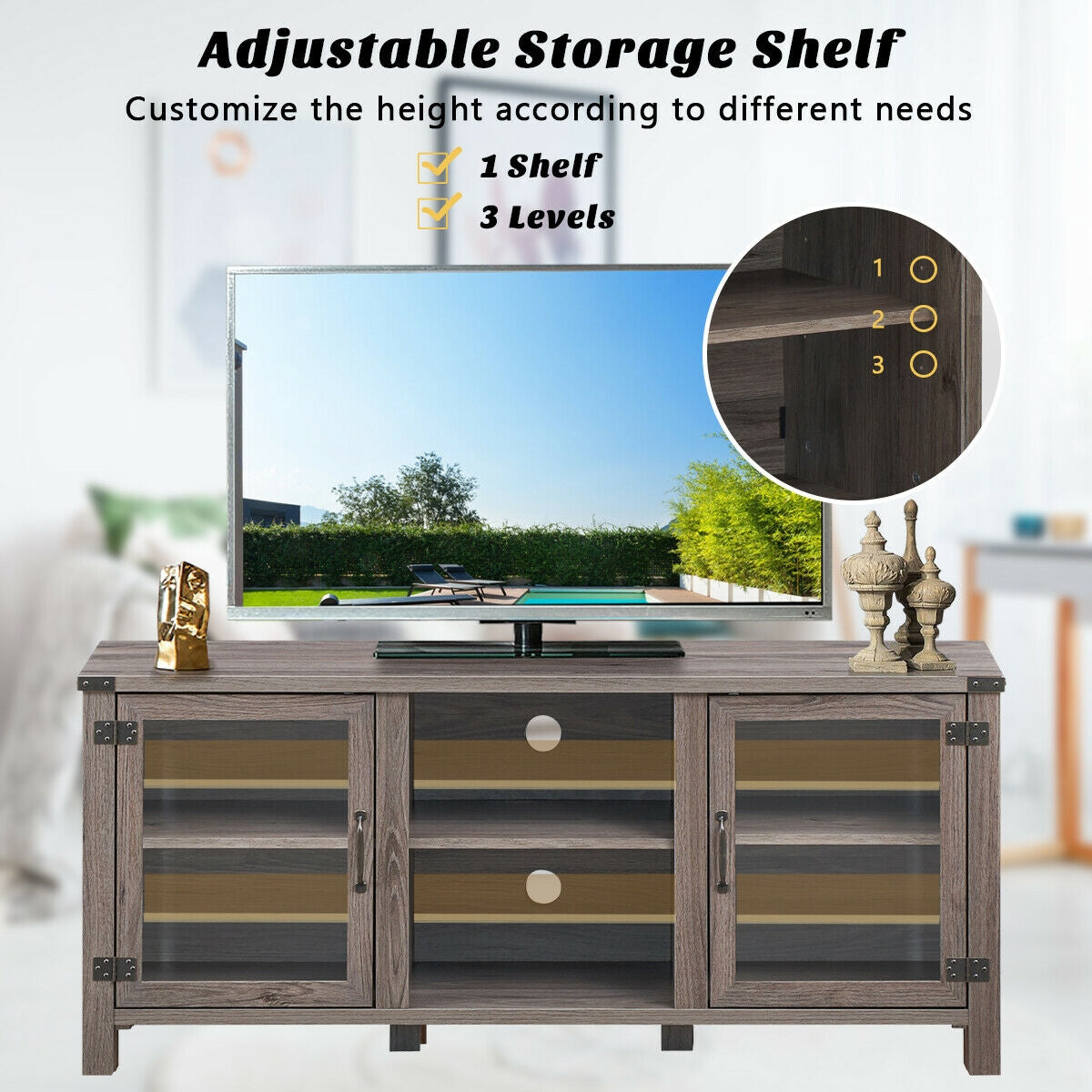 Wooden TV Console with Open Storage and Cable Management for TVs up to 65 Inches - Grey