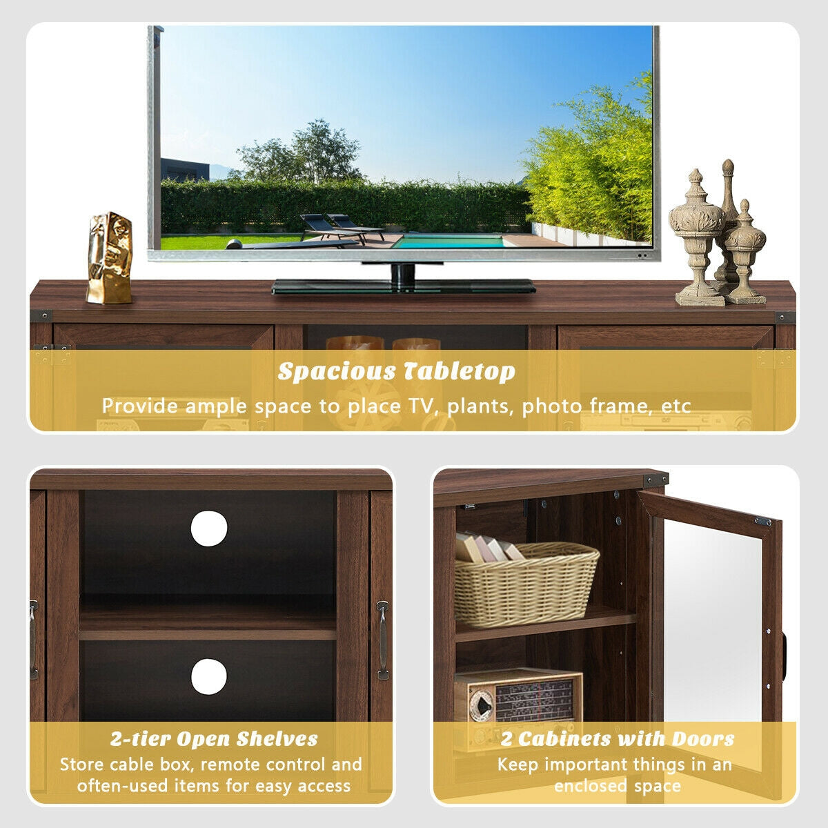 Wooden TV Console with Open Storage and Cable Management for TVs up to 65 Inches - Walnut