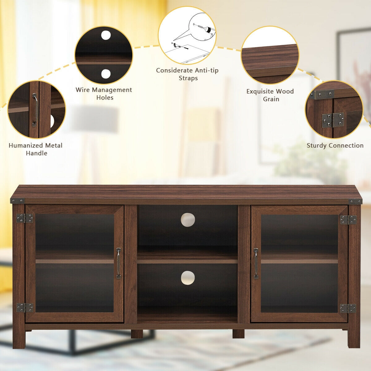 Wooden TV Console with Open Storage and Cable Management for TVs up to 65 Inches - Walnut