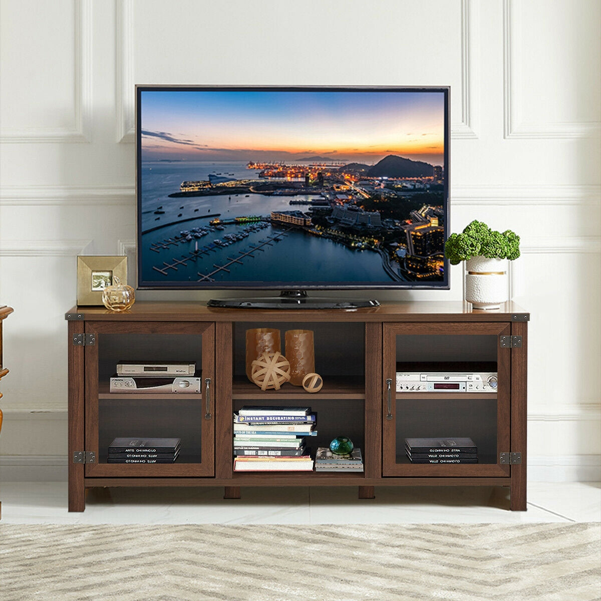 Wooden TV Console with Open Storage and Cable Management for TVs up to 65 Inches - Walnut