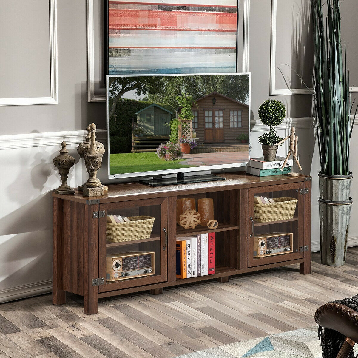 Wooden TV Console with Open Storage and Cable Management for TVs up to 65 Inches - Walnut