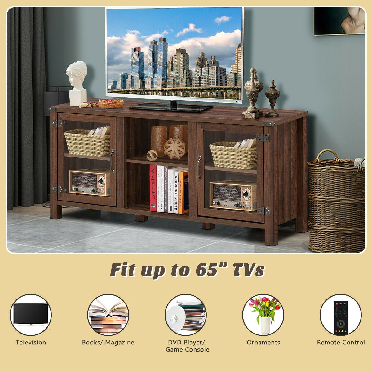 Wooden TV Console with Open Storage and Cable Management for TVs up to 65 Inches - Walnut