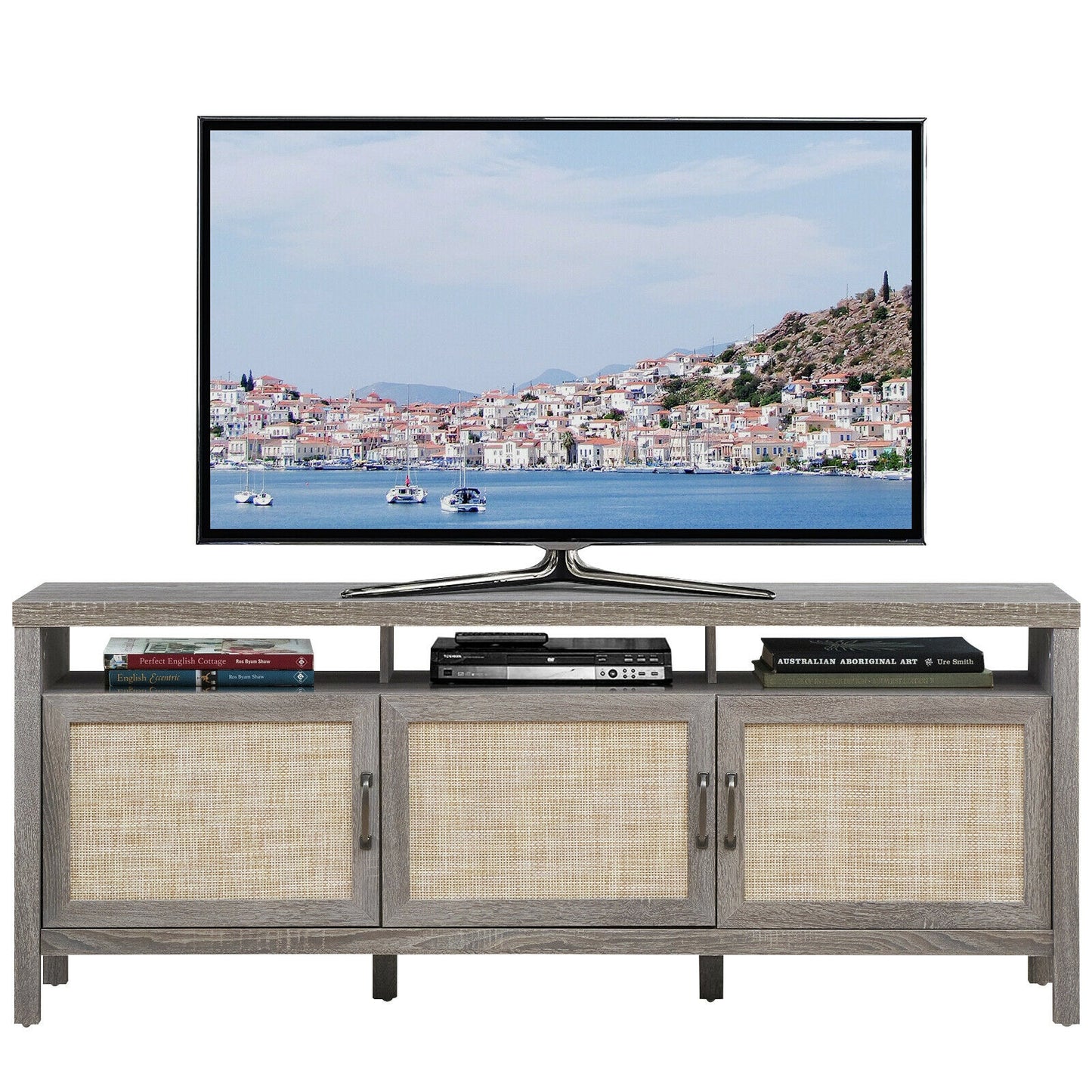 Modern TV Cabinet with Rattan Doors and Open Shelf for Flat Screen TVs up to 65 Inches - Grey