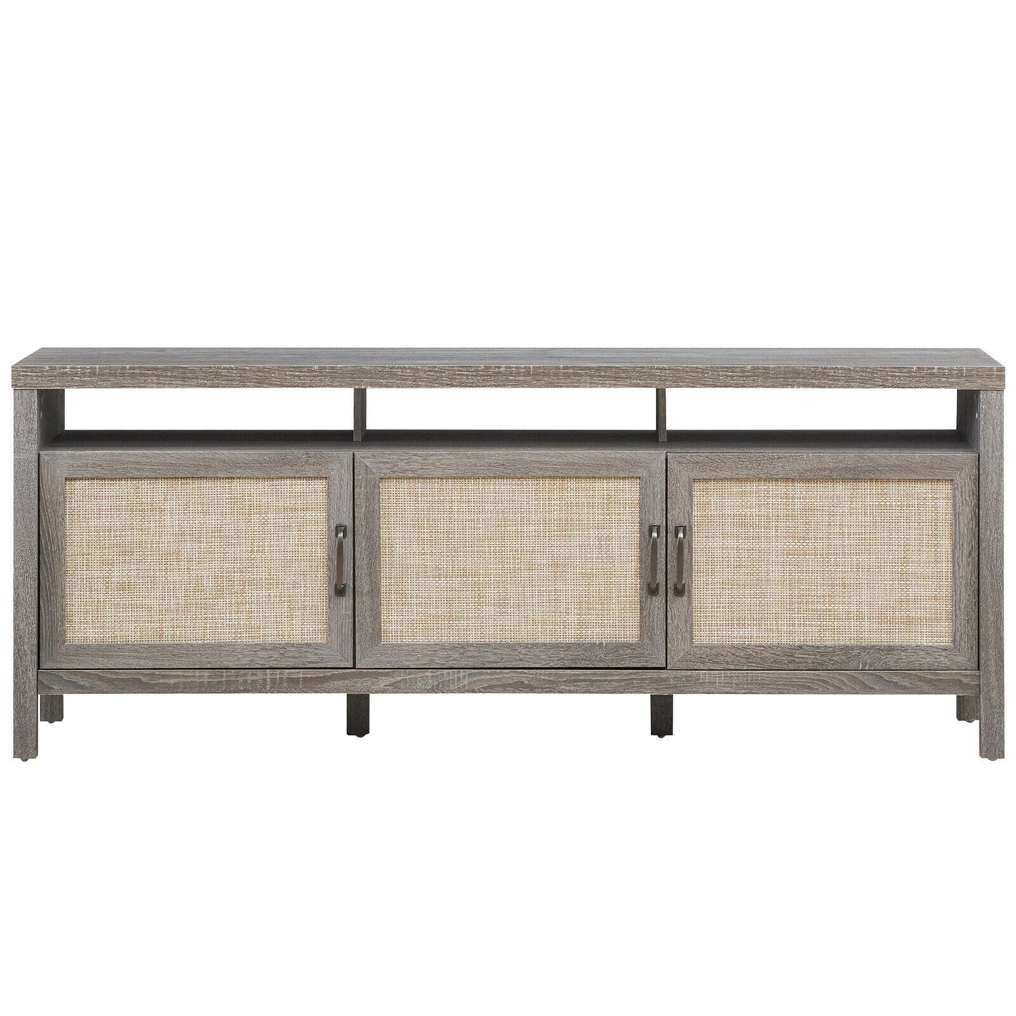 Modern TV Cabinet with Rattan Doors and Open Shelf for Flat Screen TVs up to 65 Inches - Grey