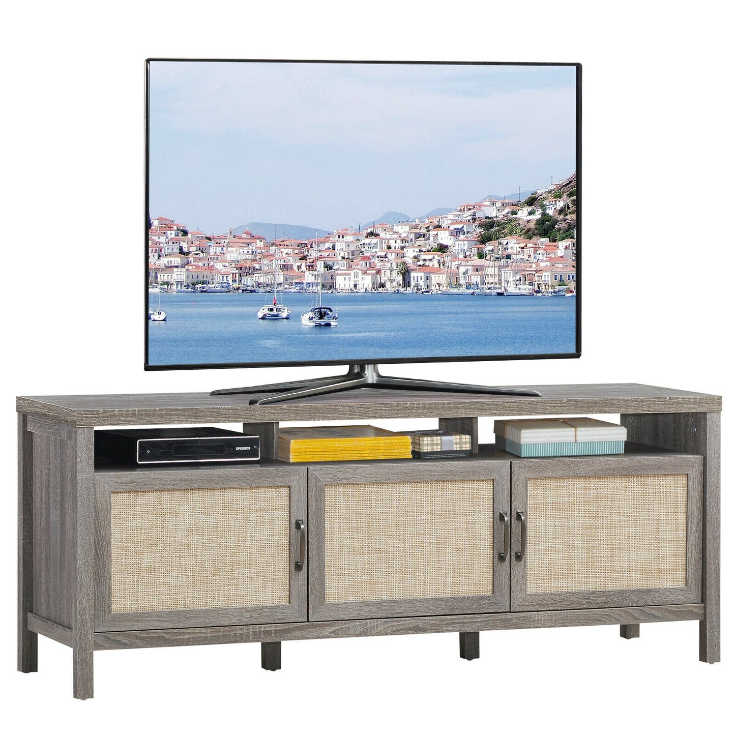 Modern TV Cabinet with Rattan Doors and Open Shelf for Flat Screen TVs up to 65 Inches - Grey