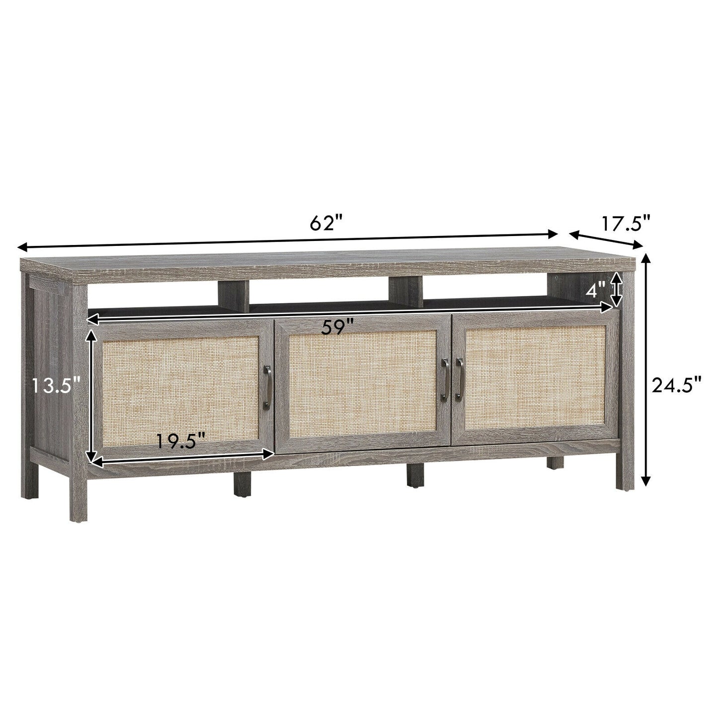 Modern TV Cabinet with Rattan Doors and Open Shelf for Flat Screen TVs up to 65 Inches - Grey