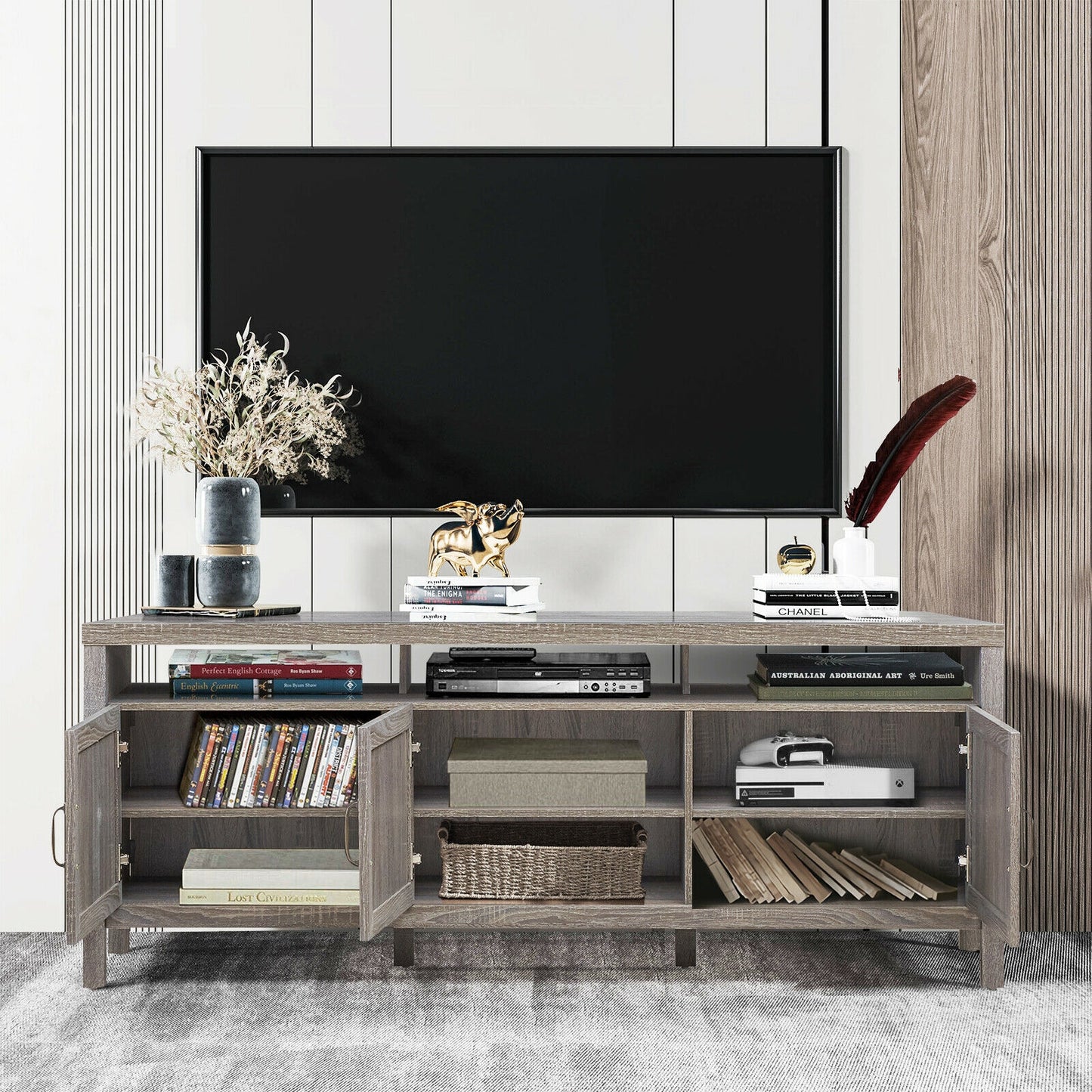 Modern TV Cabinet with Rattan Doors and Open Shelf for Flat Screen TVs up to 65 Inches - Grey