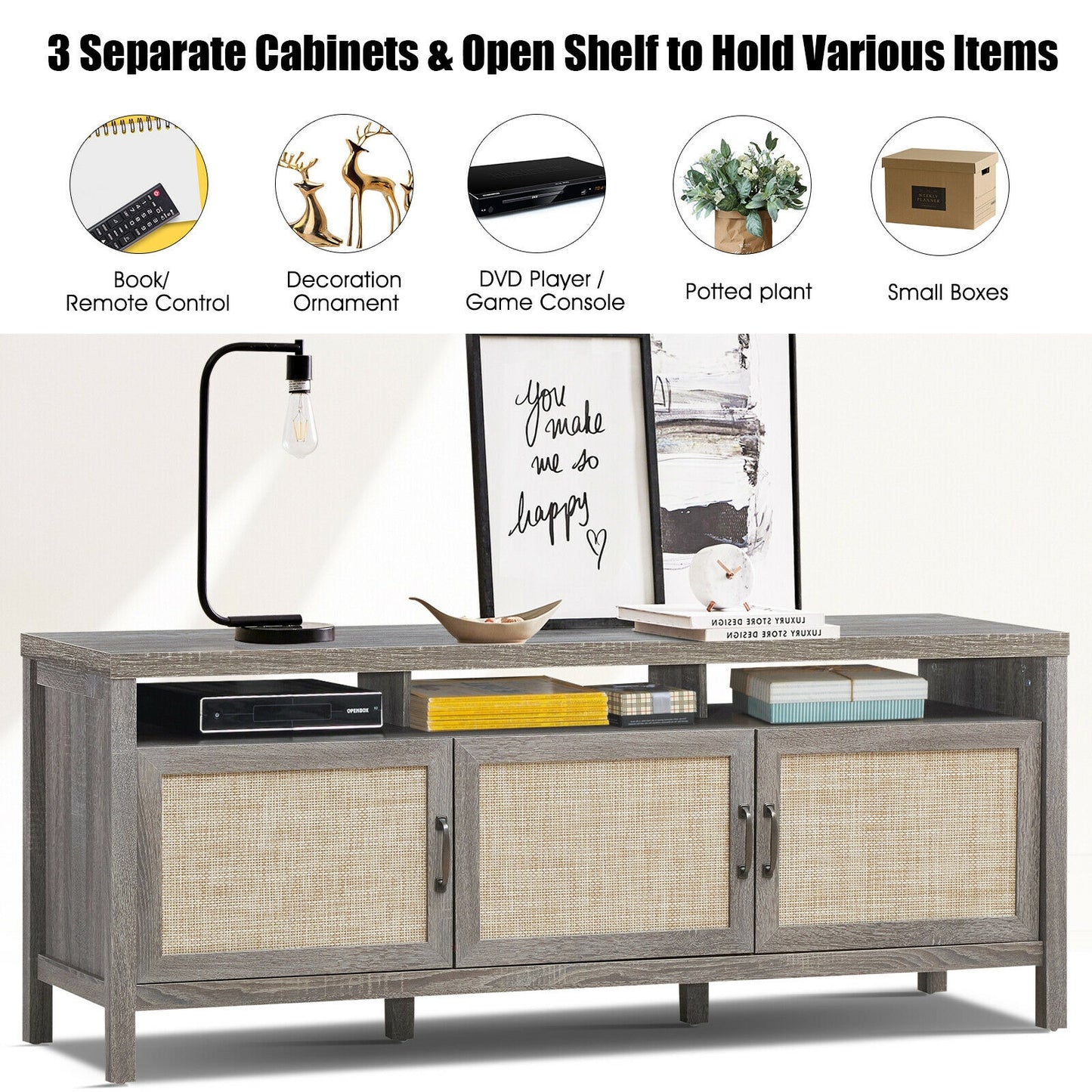 Modern TV Cabinet with Rattan Doors and Open Shelf for Flat Screen TVs up to 65 Inches - Grey