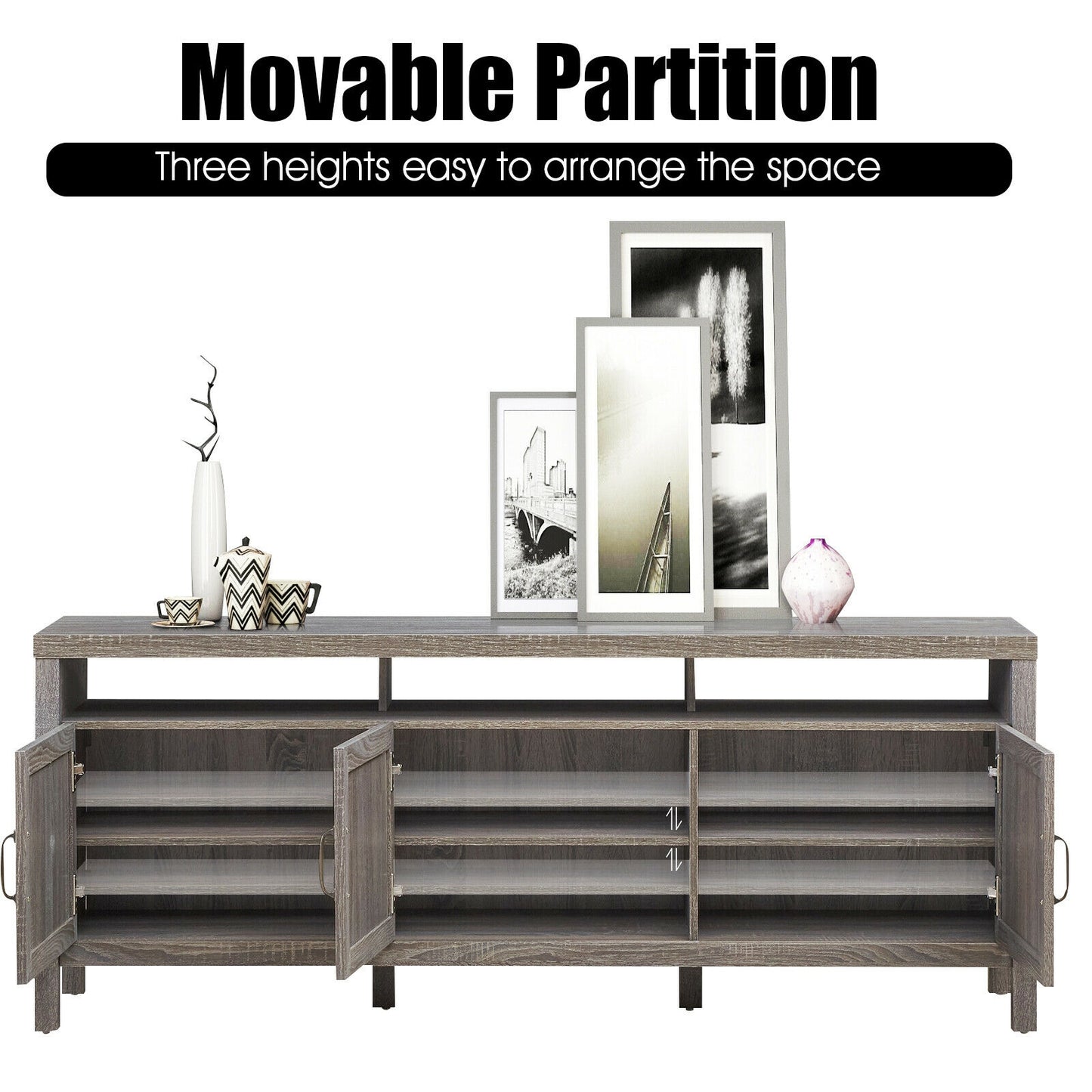 Modern TV Cabinet with Rattan Doors and Open Shelf for Flat Screen TVs up to 65 Inches - Grey