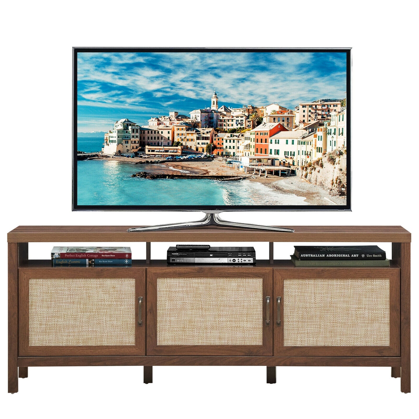 Modern TV Cabinet with Rattan Doors and Open Shelf for Flat Screen TVs up to 65 Inches - Walnut