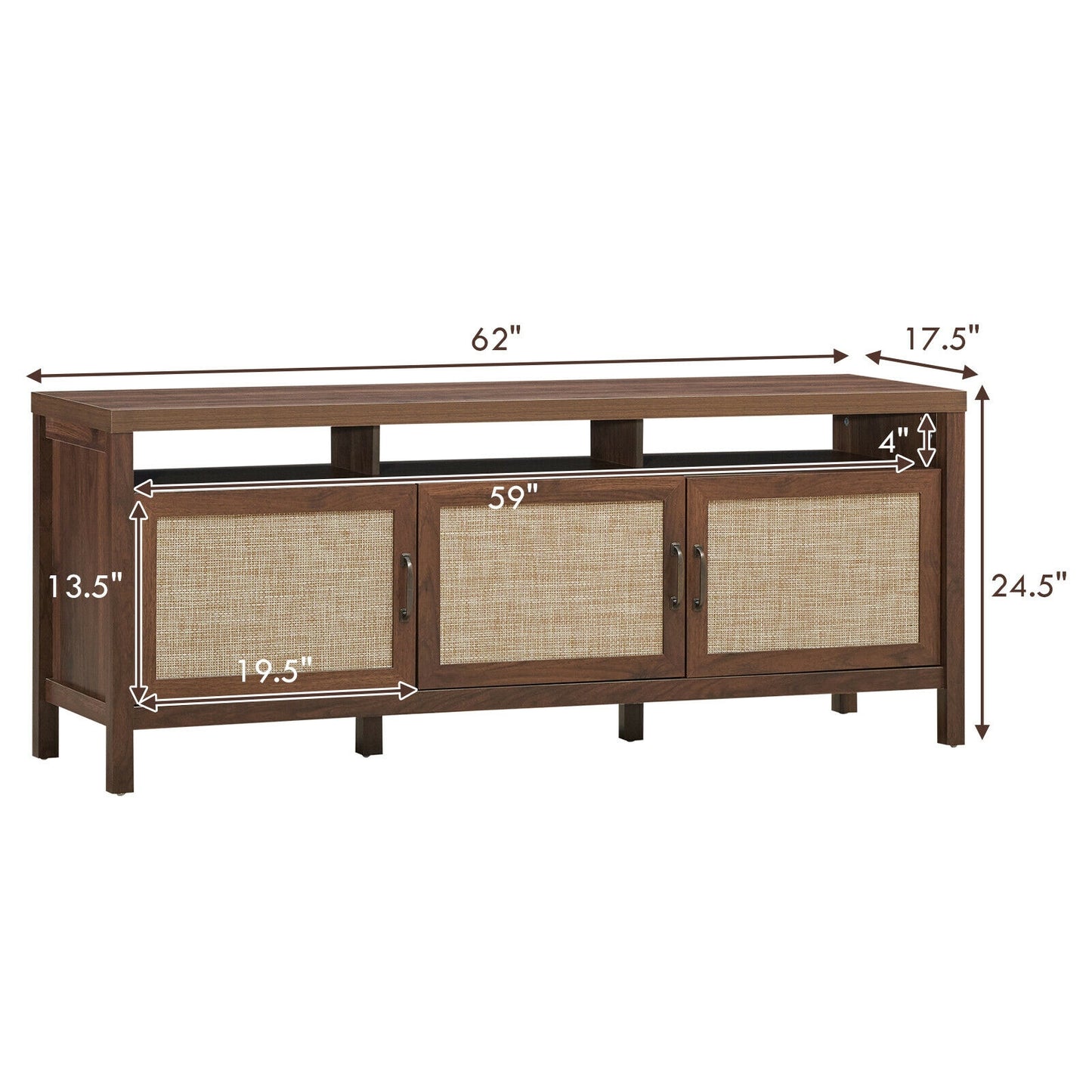 Modern TV Cabinet with Rattan Doors and Open Shelf for Flat Screen TVs up to 65 Inches - Walnut