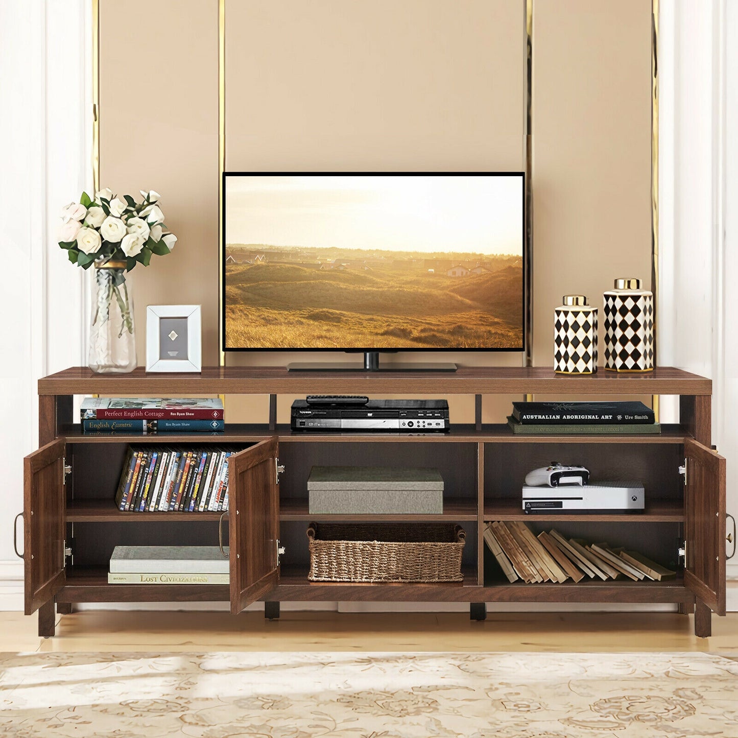 Modern TV Cabinet with Rattan Doors and Open Shelf for Flat Screen TVs up to 65 Inches - Walnut